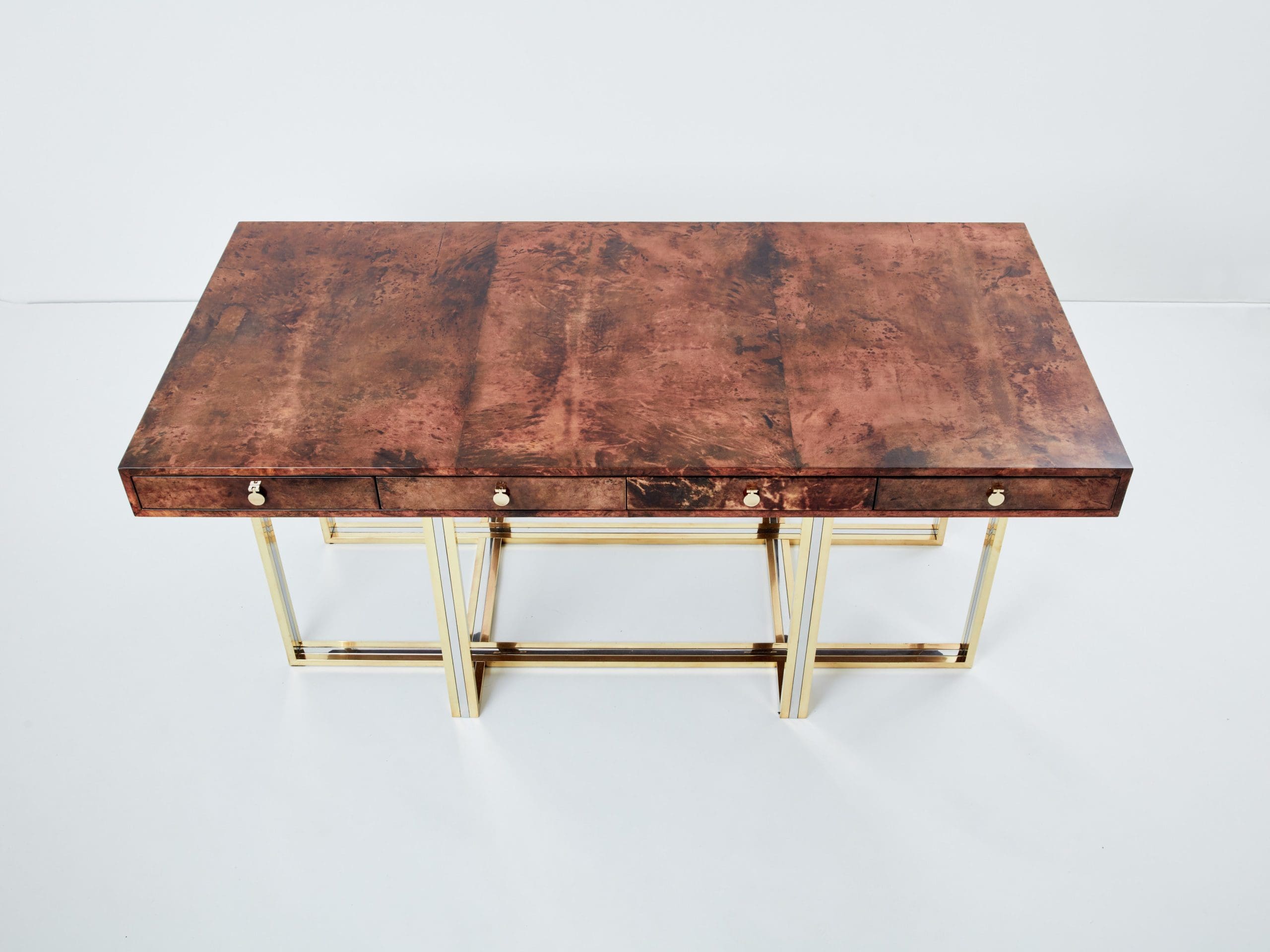 Bureau Aldo Tura en Peau de Chèvre Marron et Structure en Laiton et Chrome (1960s)