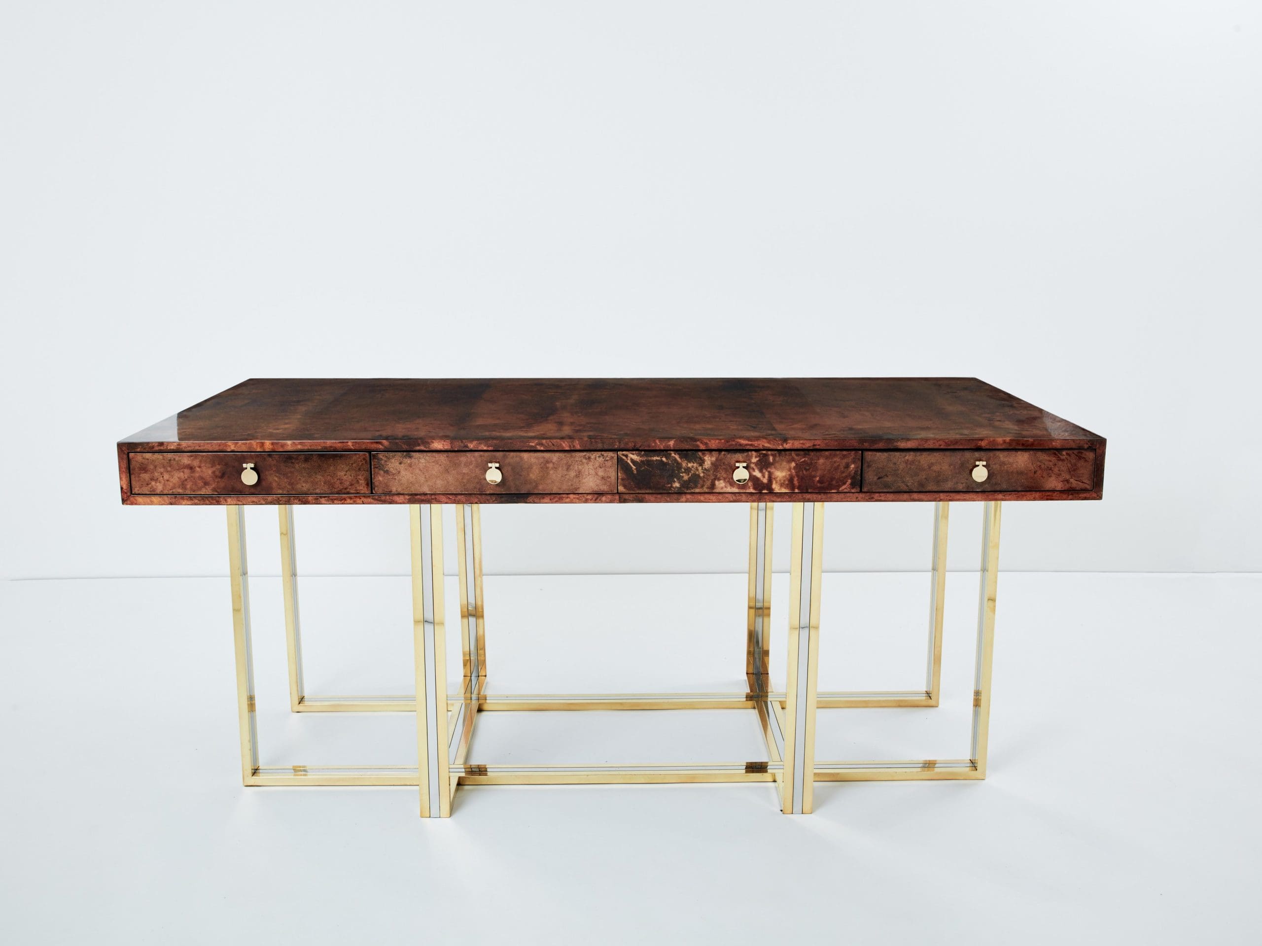 Bureau Aldo Tura en Peau de Chèvre Marron et Structure en Laiton et Chrome (1960s)