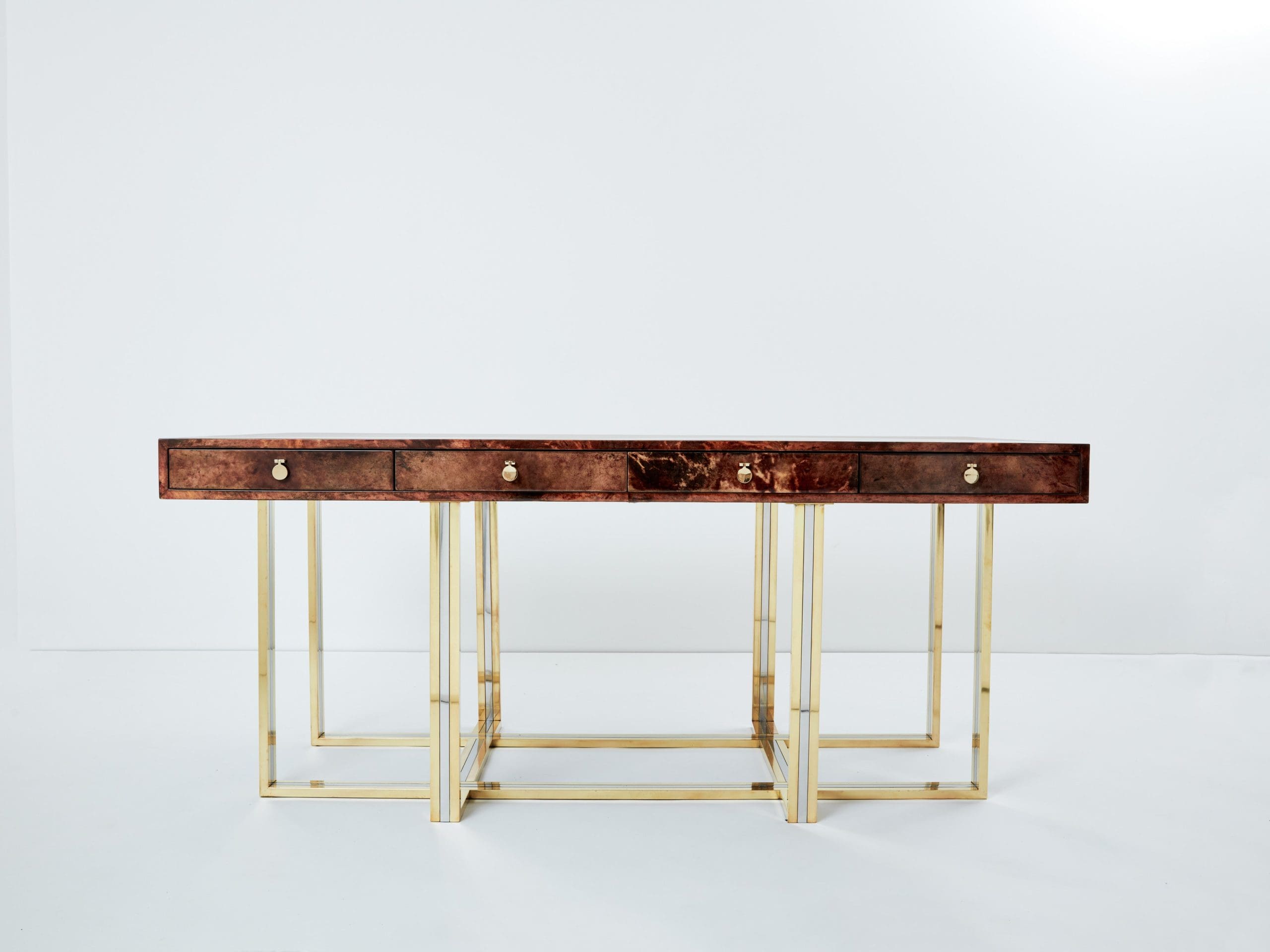 Bureau Aldo Tura en Peau de Chèvre Marron et Structure en Laiton et Chrome (1960s)