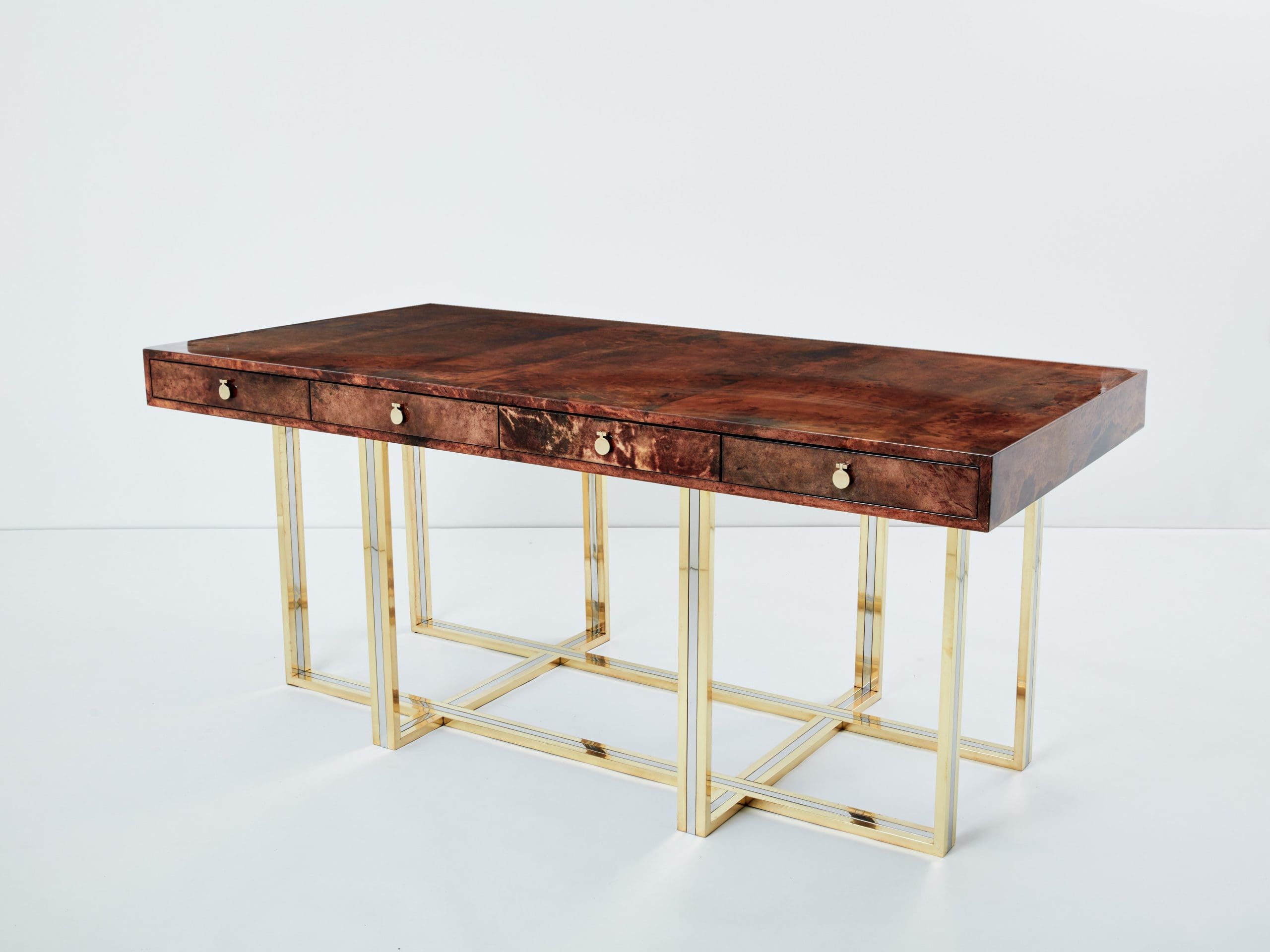Bureau Aldo Tura en Peau de Chèvre Marron et Structure en Laiton et Chrome (1960s)