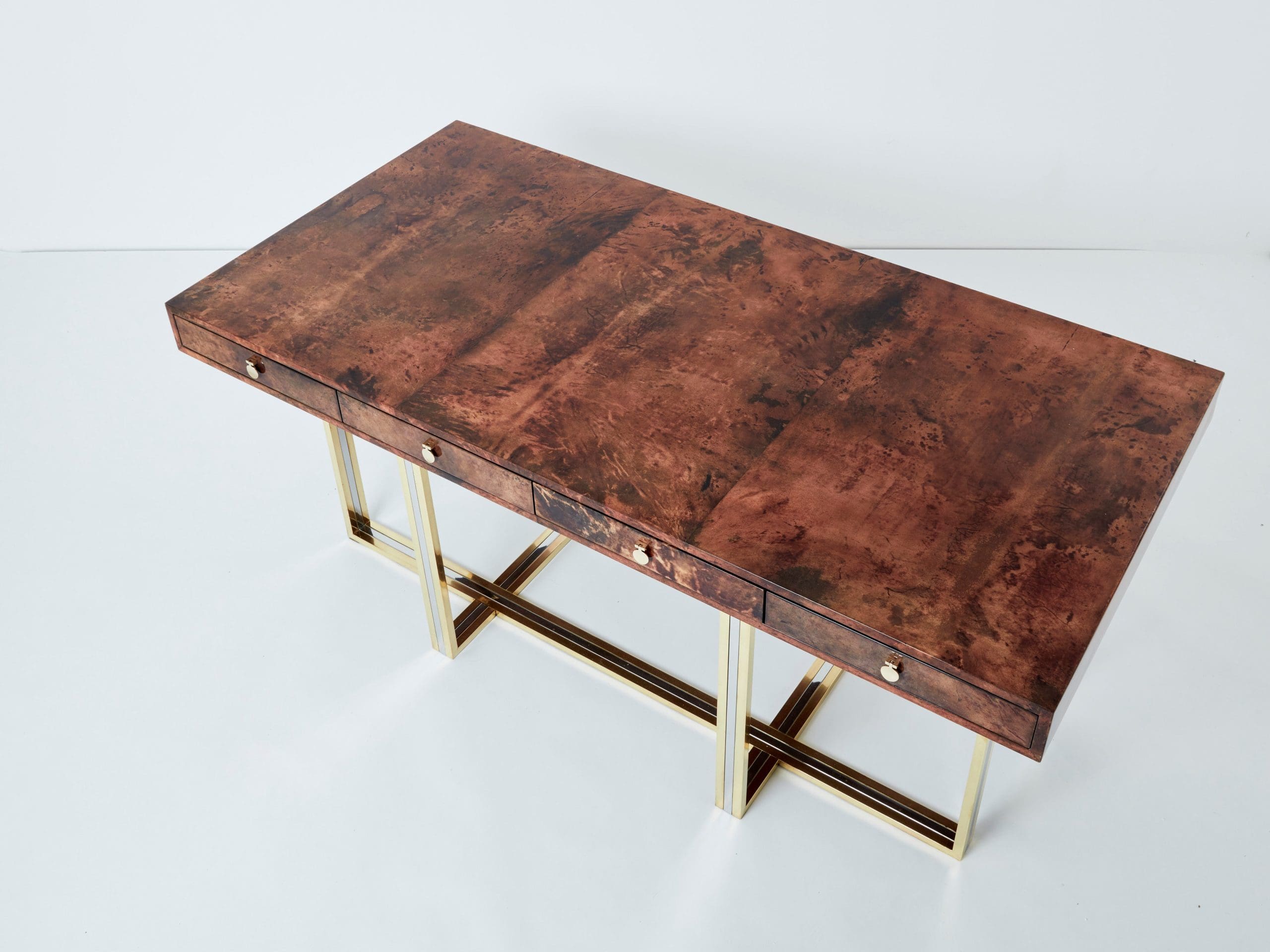 Bureau Aldo Tura en Peau de Chèvre Marron et Structure en Laiton et Chrome (1960s)