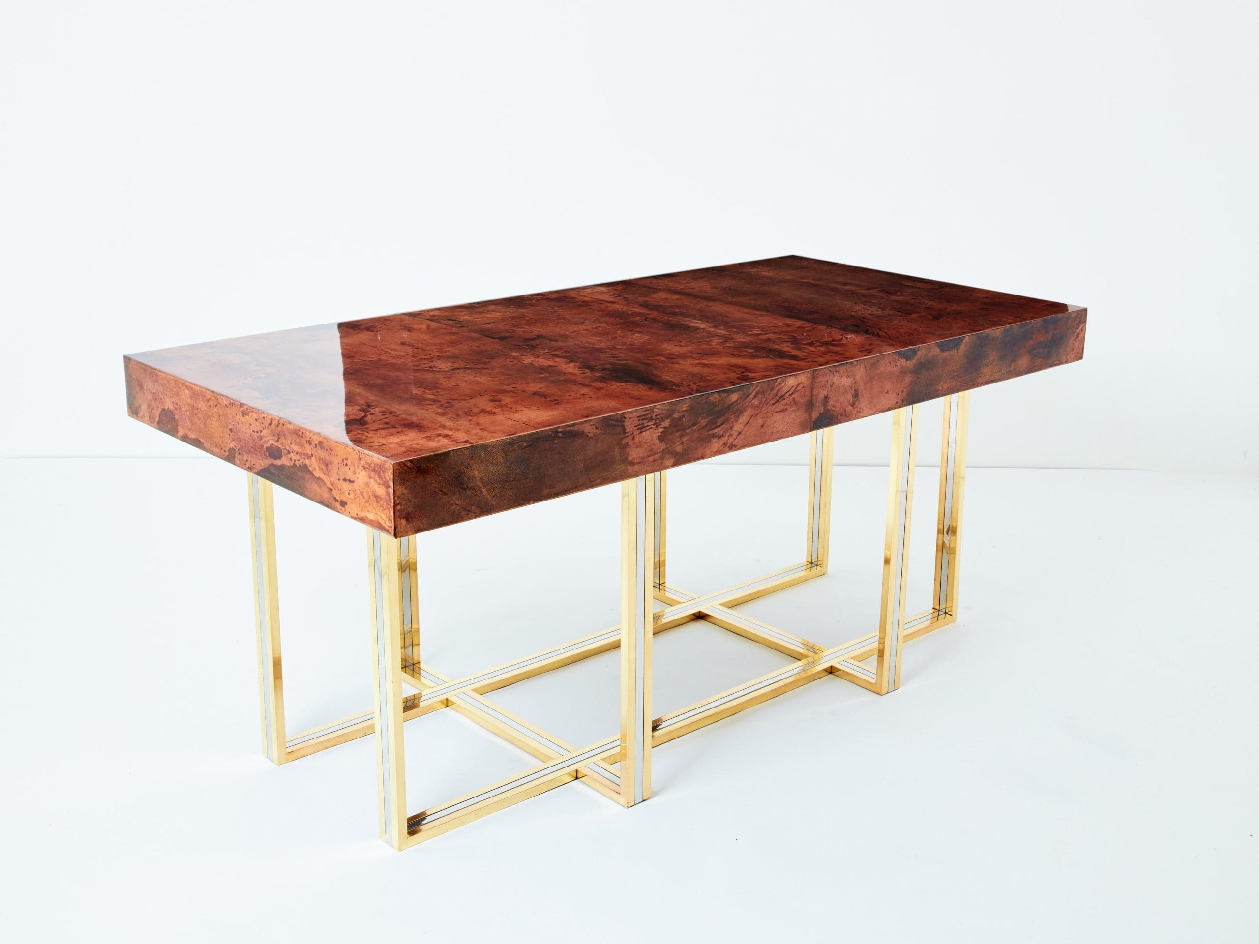 Bureau Aldo Tura en Peau de Chèvre Marron et Structure en Laiton et Chrome (1960s)