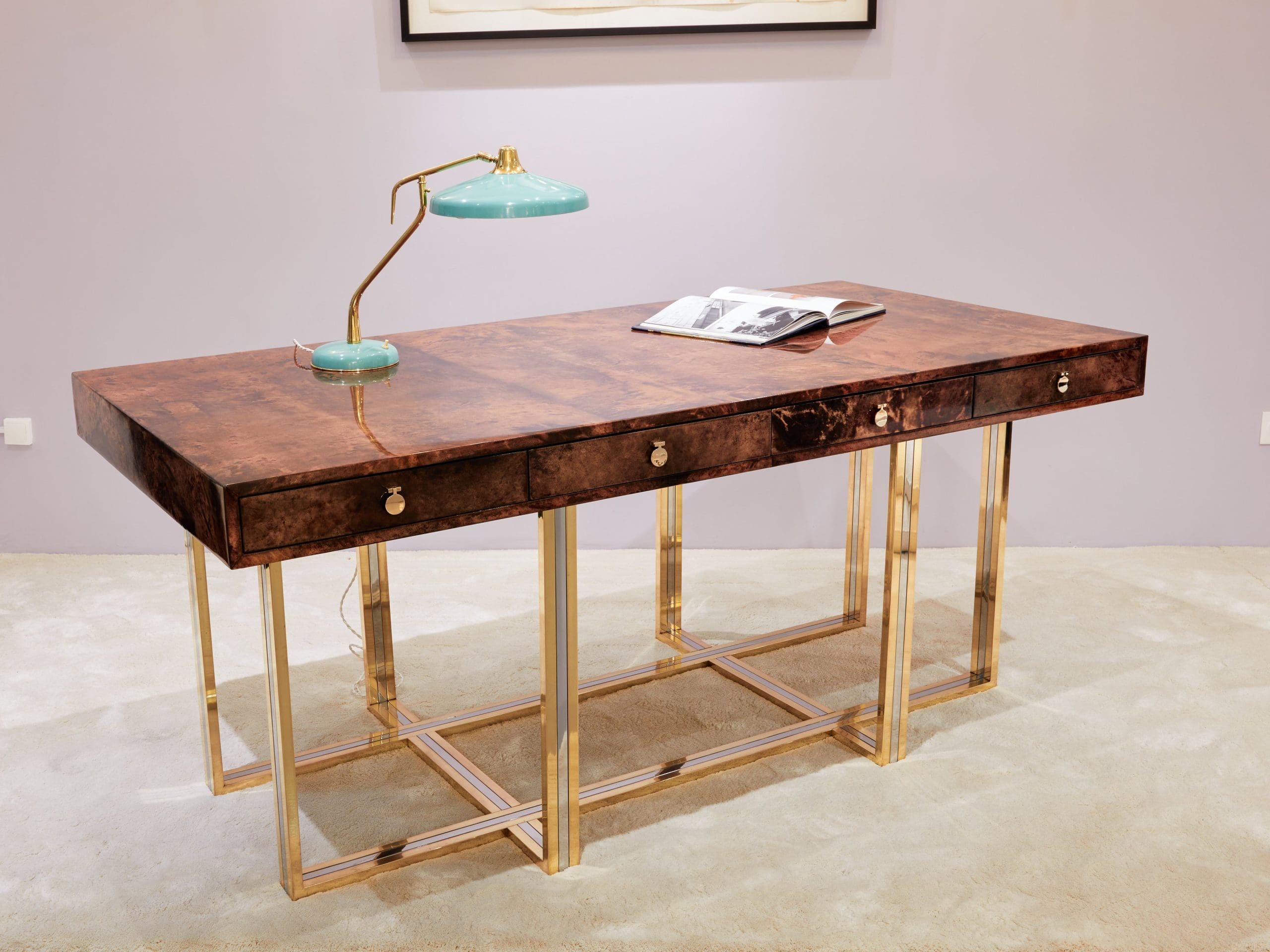 Bureau Aldo Tura en Peau de Chèvre Marron et Structure en Laiton et Chrome (1960s)