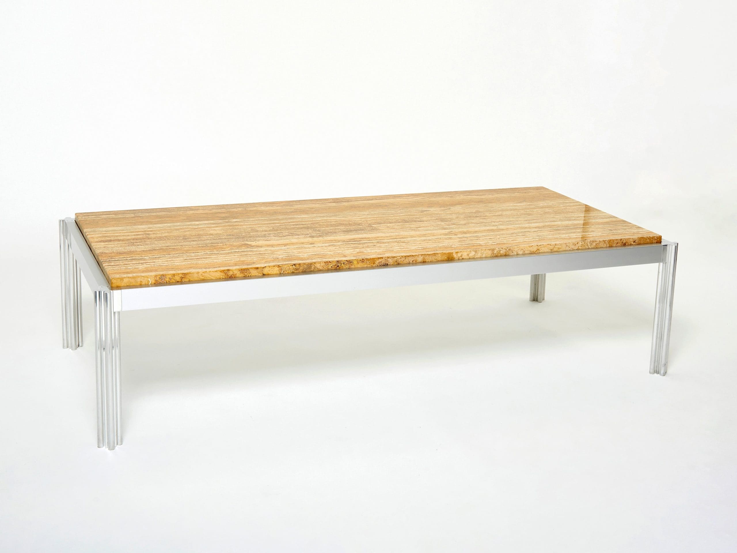 Table Basse en Chrome, Aluminium et Travertin Jaune par George Ciancimino, 1975