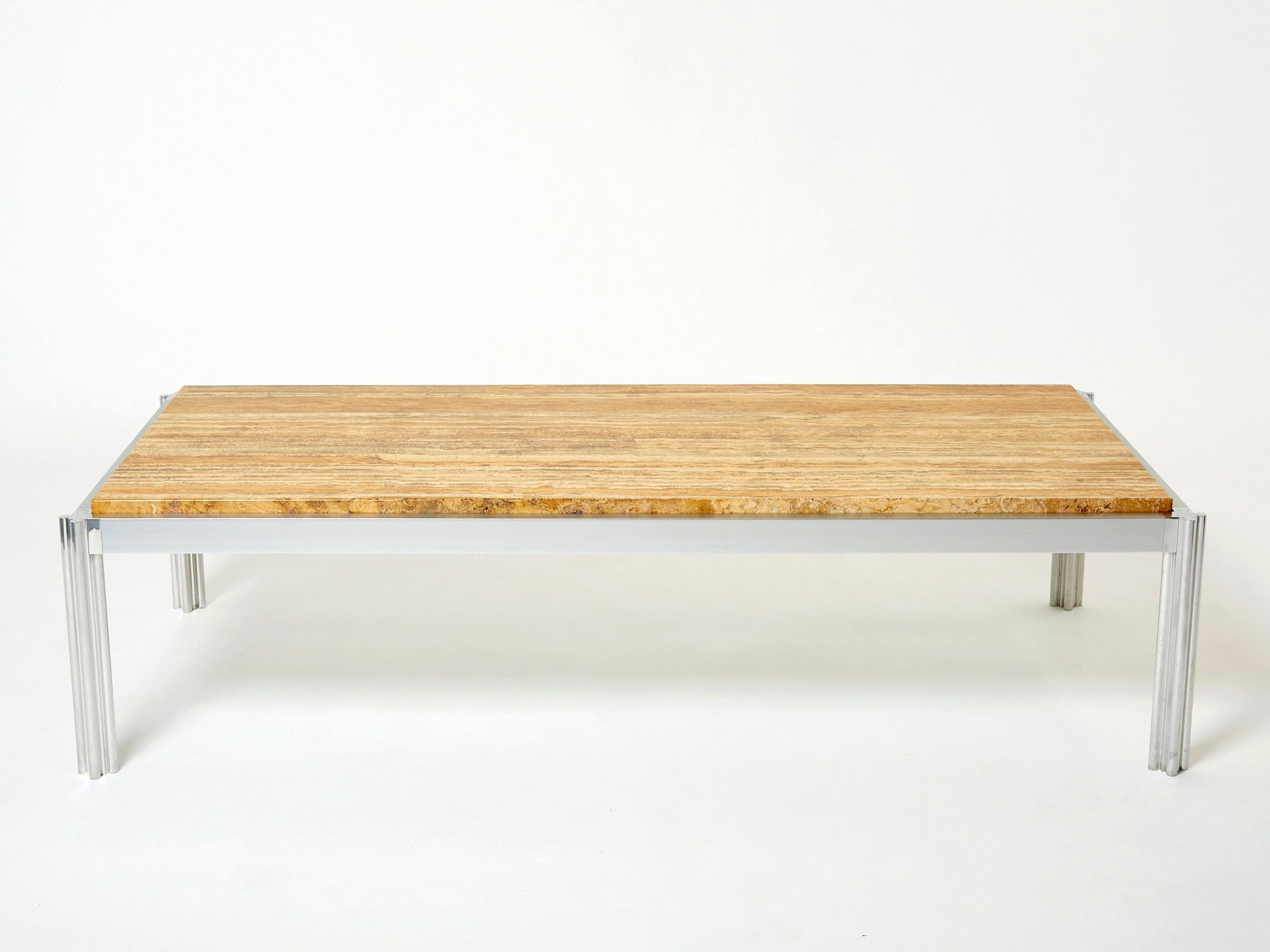 Table Basse en Chrome, Aluminium et Travertin Jaune par George Ciancimino, 1975