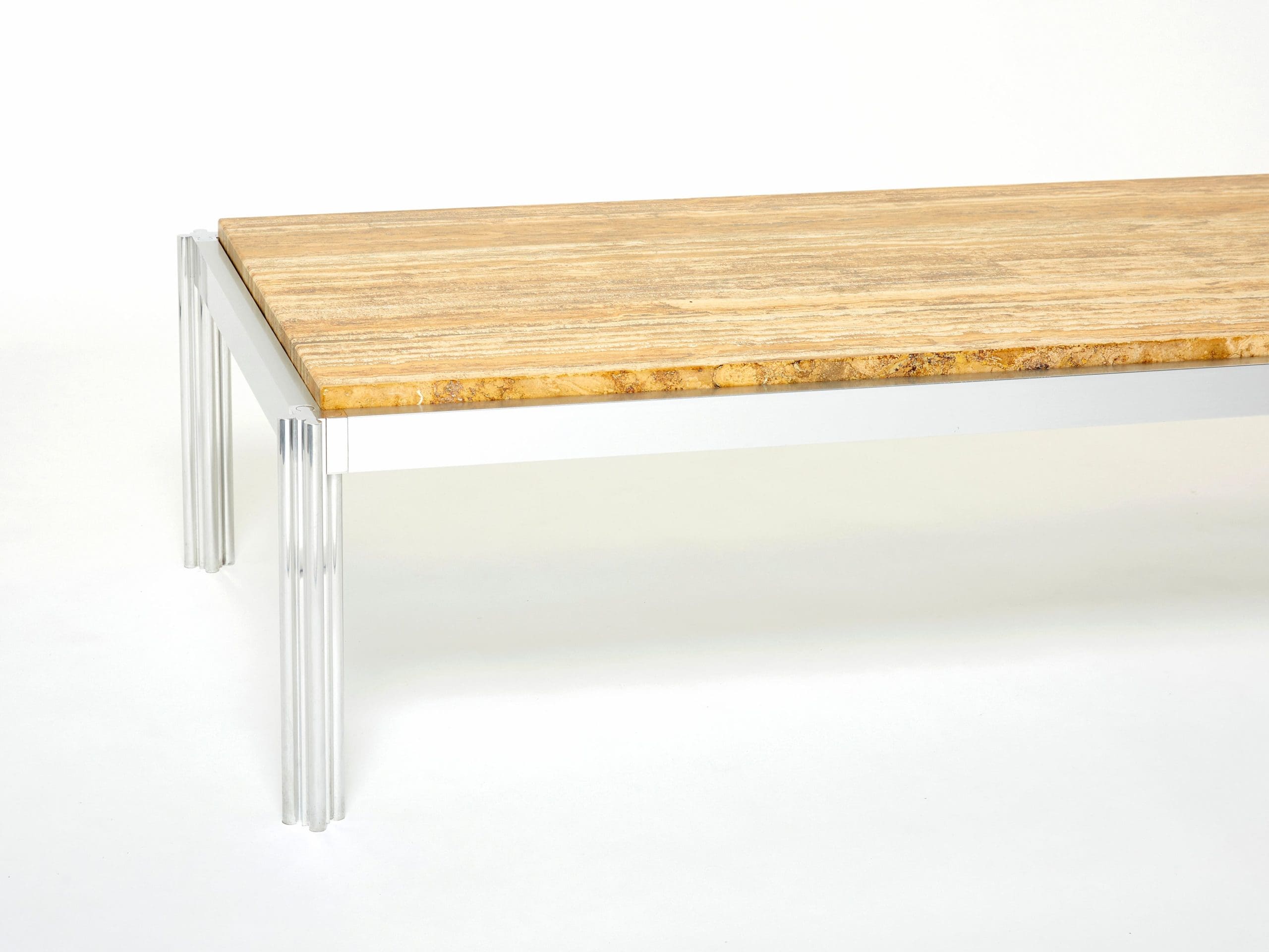 Table Basse en Chrome, Aluminium et Travertin Jaune par George Ciancimino, 1975