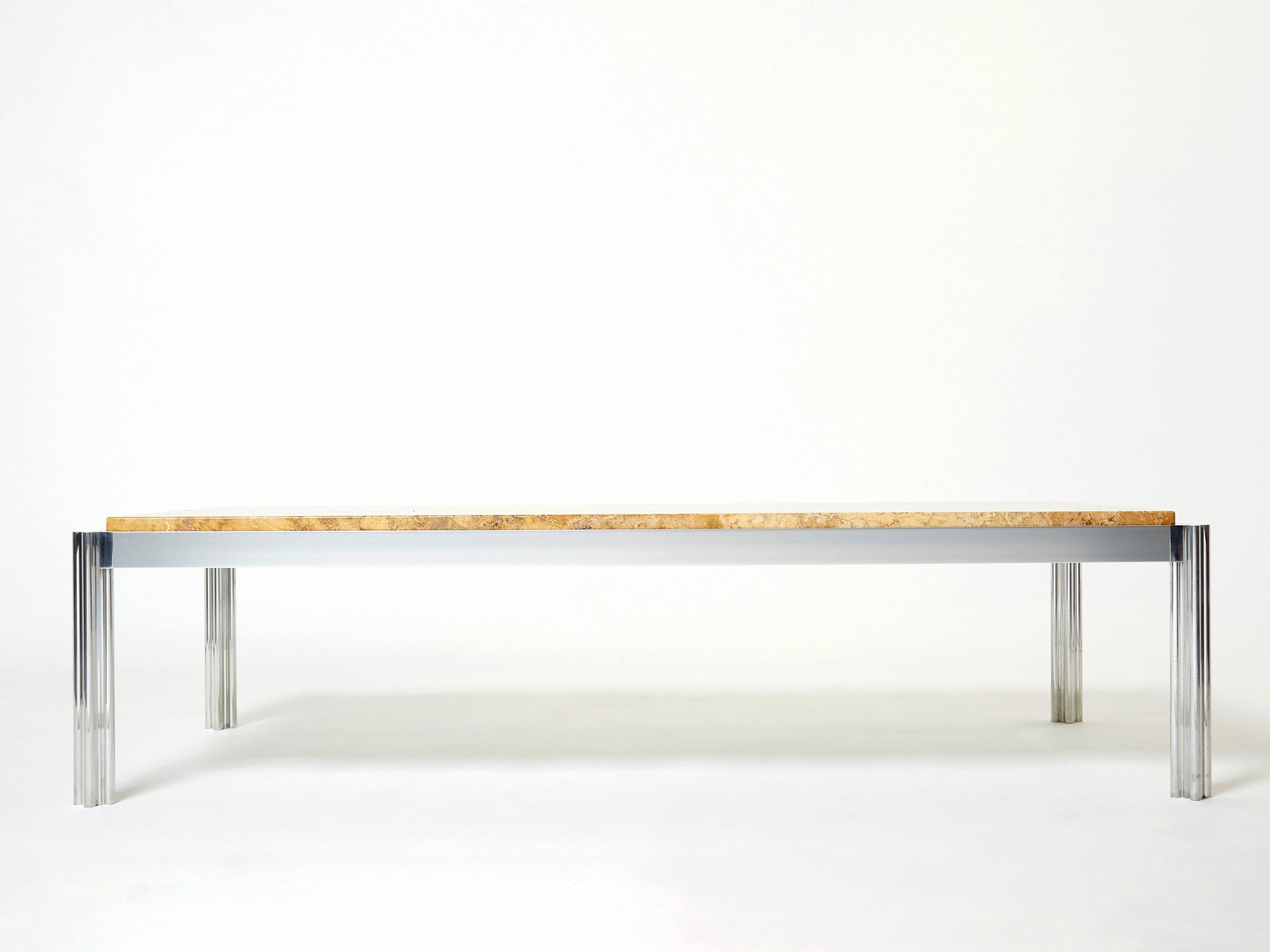 Table Basse en Chrome, Aluminium et Travertin Jaune par George Ciancimino, 1975