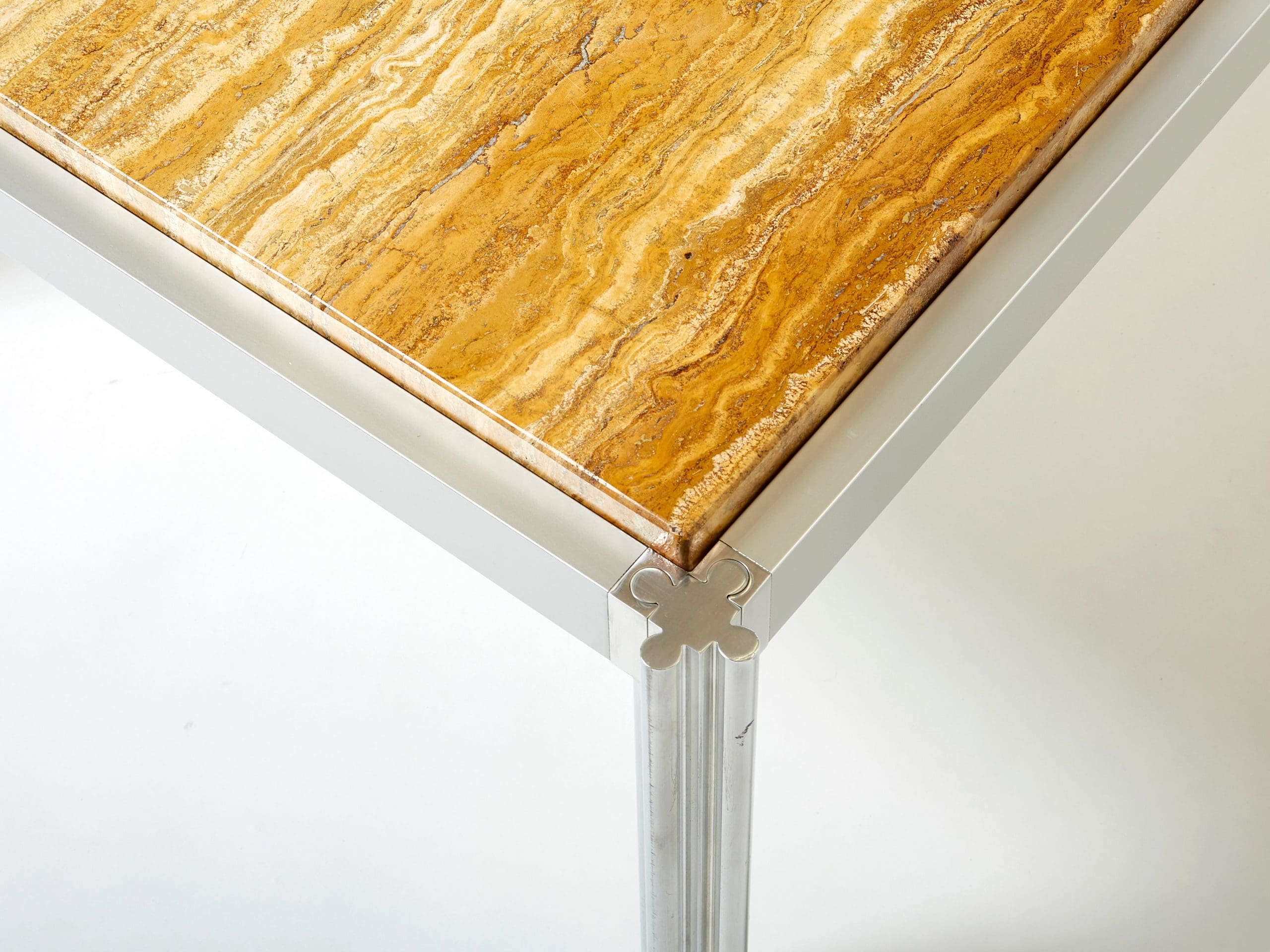Table Basse en Chrome, Aluminium et Travertin Jaune par George Ciancimino, 1975