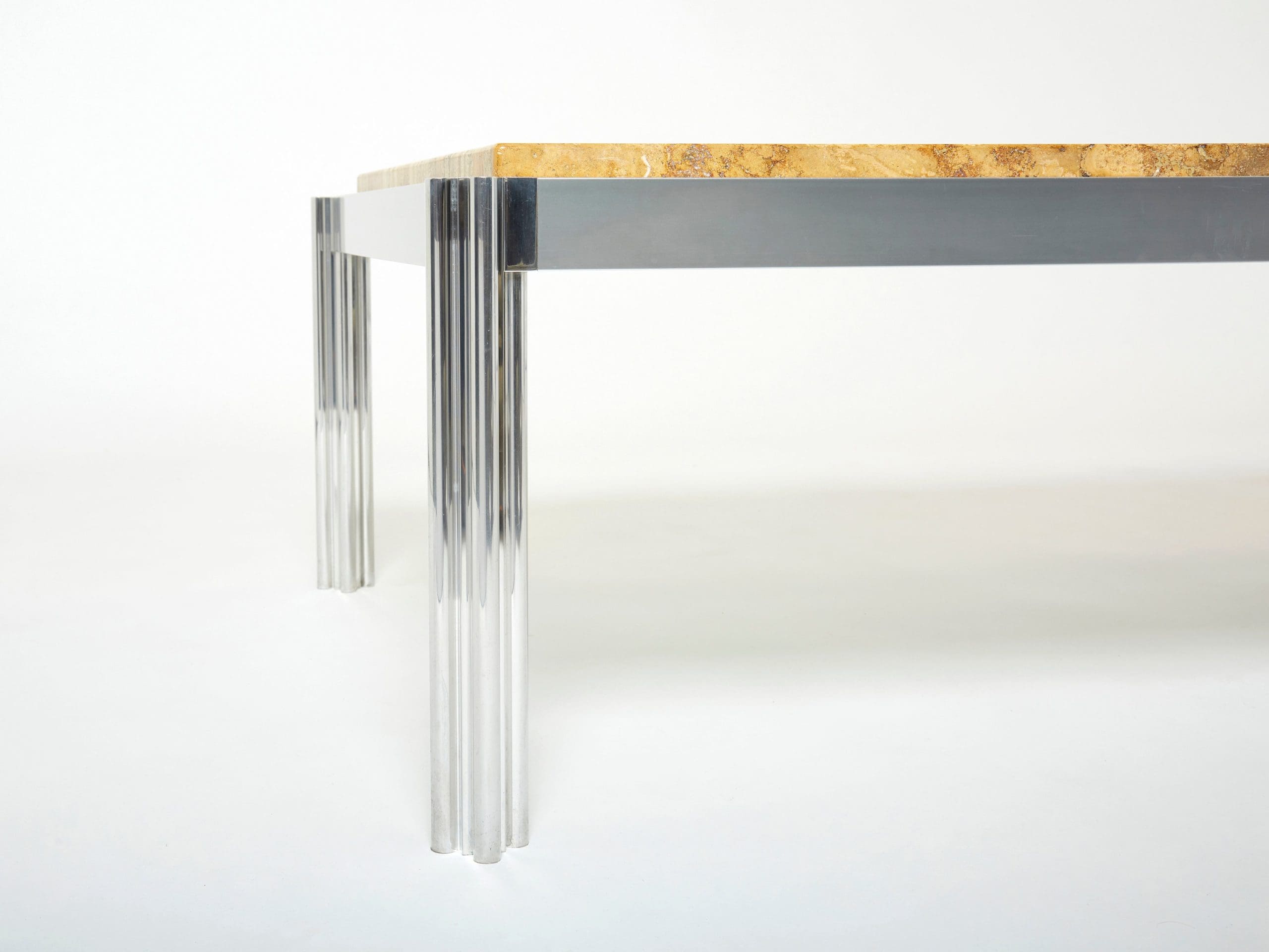 Table Basse en Chrome, Aluminium et Travertin Jaune par George Ciancimino, 1975