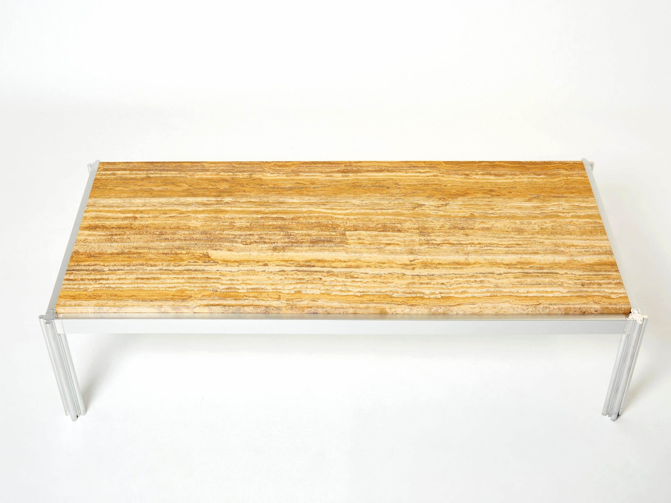 Table Basse en Chrome, Aluminium et Travertin Jaune par George Ciancimino, 1975