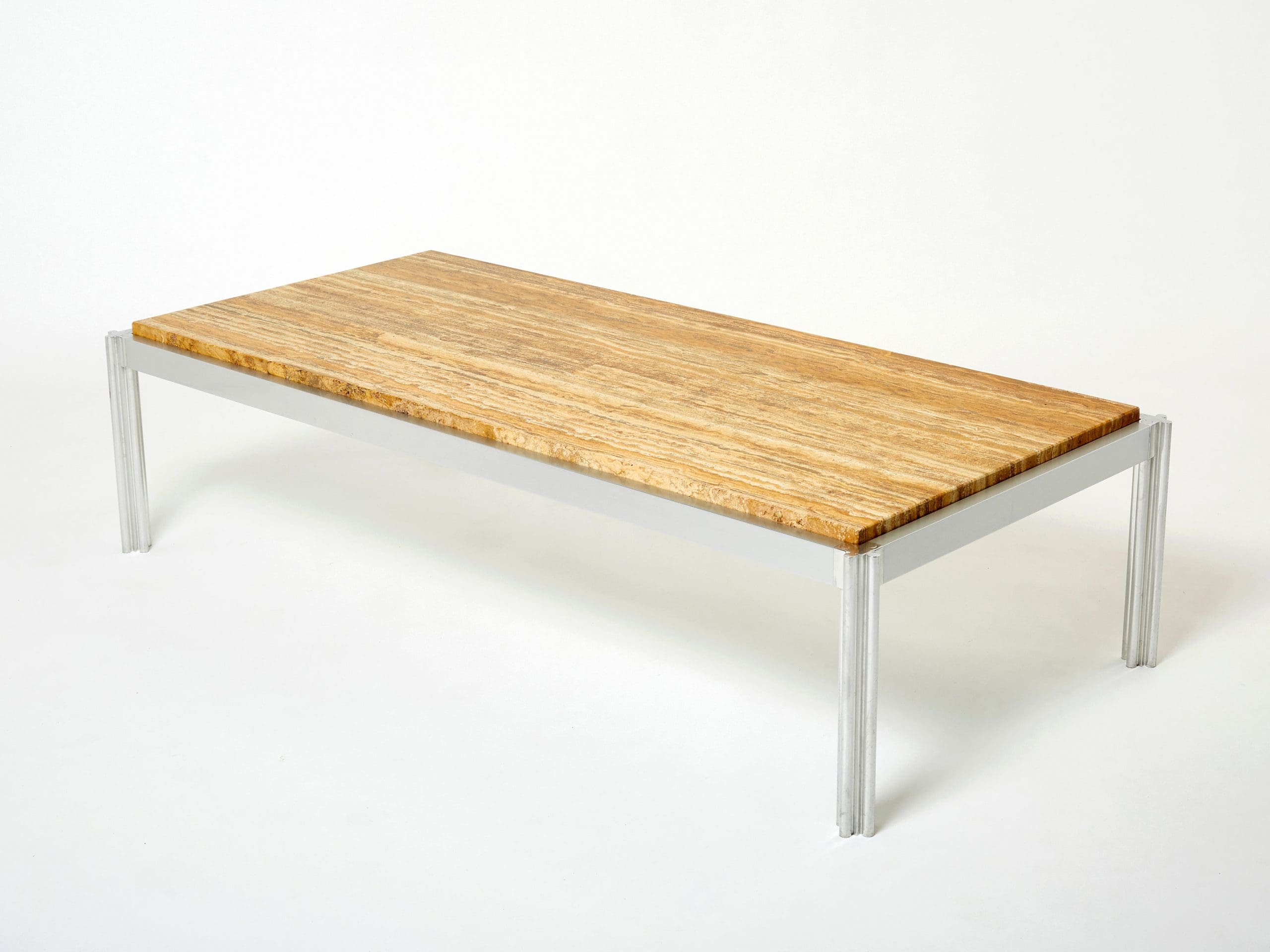Table Basse en Chrome, Aluminium et Travertin Jaune par George Ciancimino, 1975