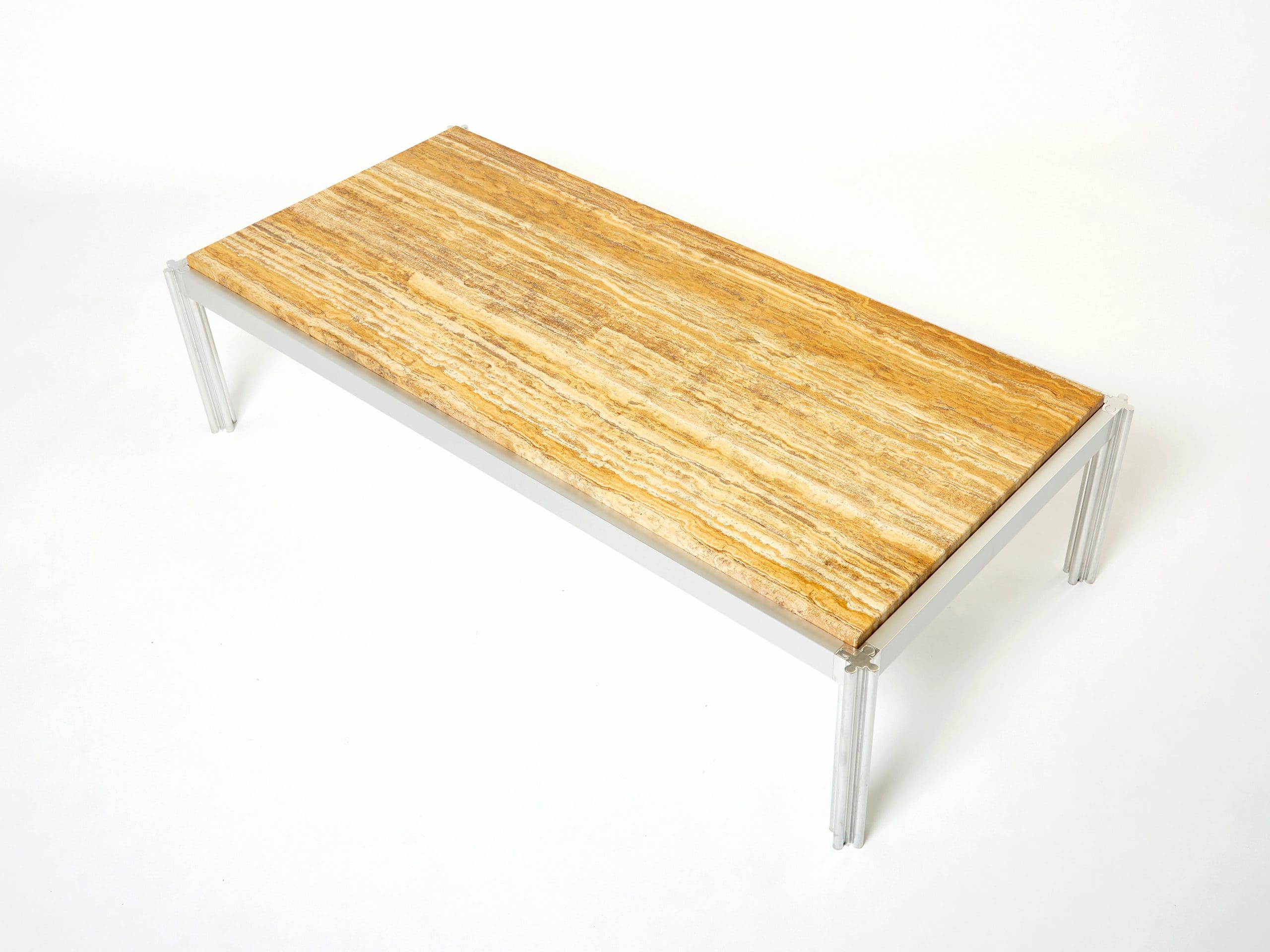 Table Basse en Chrome, Aluminium et Travertin Jaune par George Ciancimino, 1975