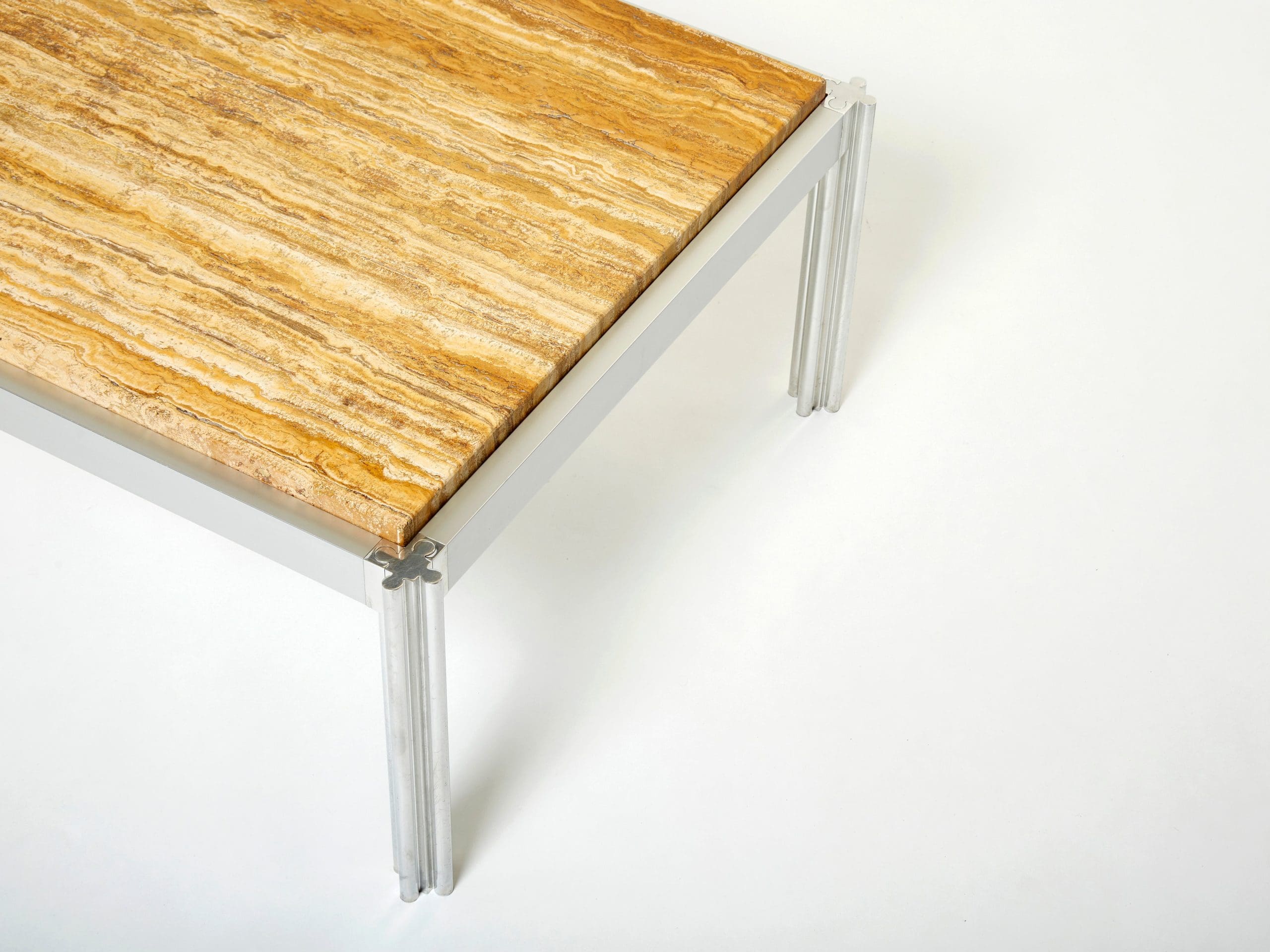 Table Basse en Chrome, Aluminium et Travertin Jaune par George Ciancimino, 1975
