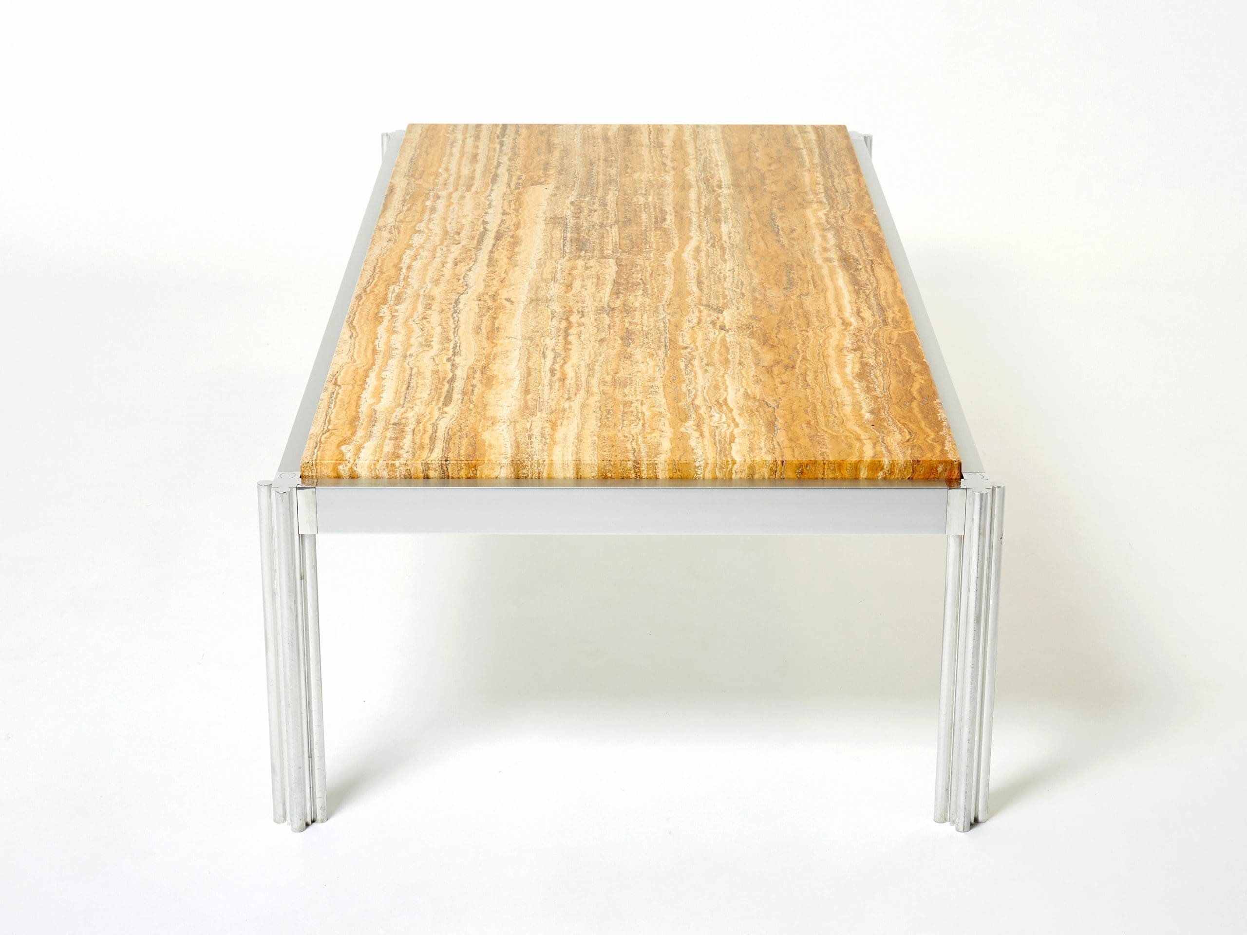 Table Basse en Chrome, Aluminium et Travertin Jaune par George Ciancimino, 1975