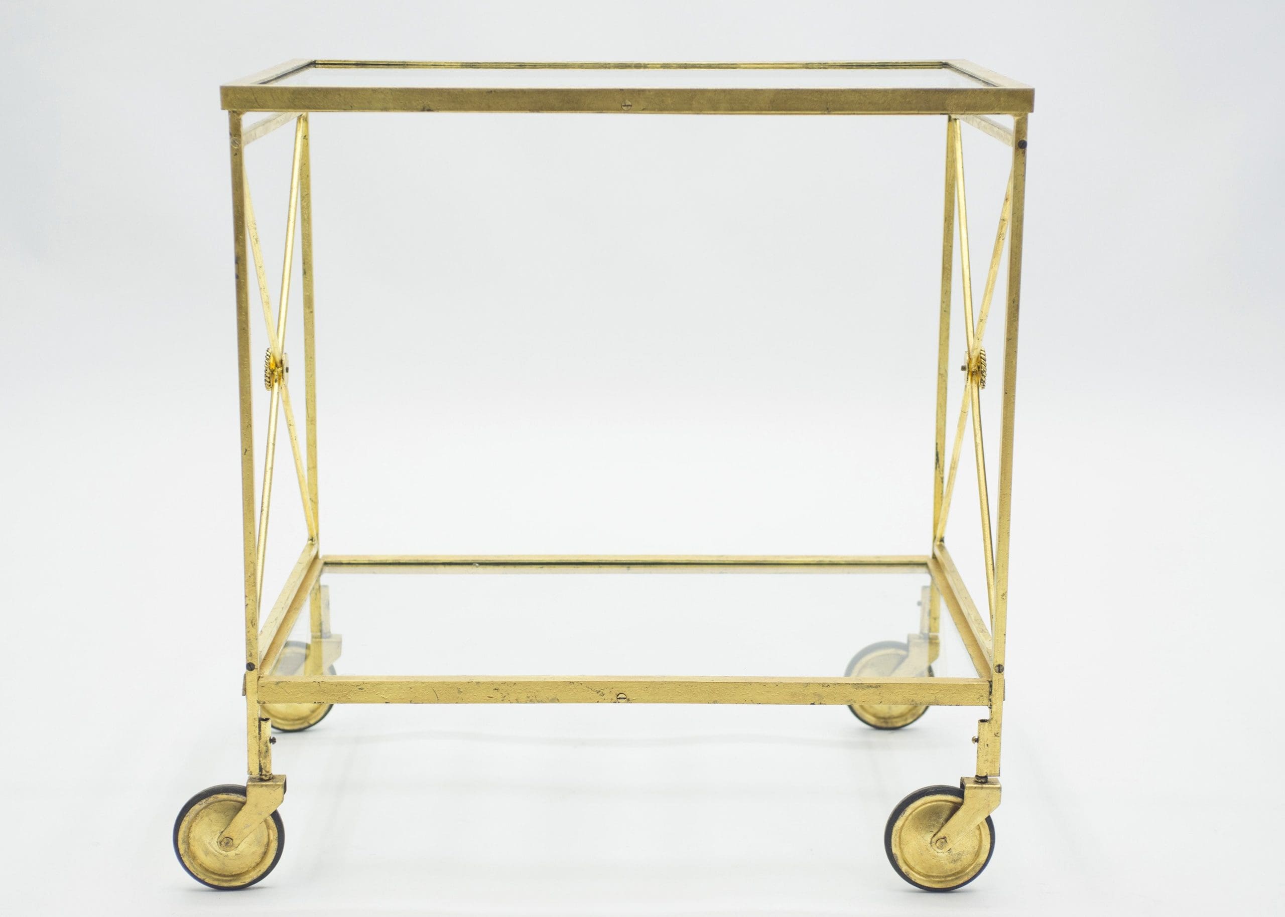 Chariot de Bar Néoclassique Français Maison Jansen en Fer Doré – Années 1960