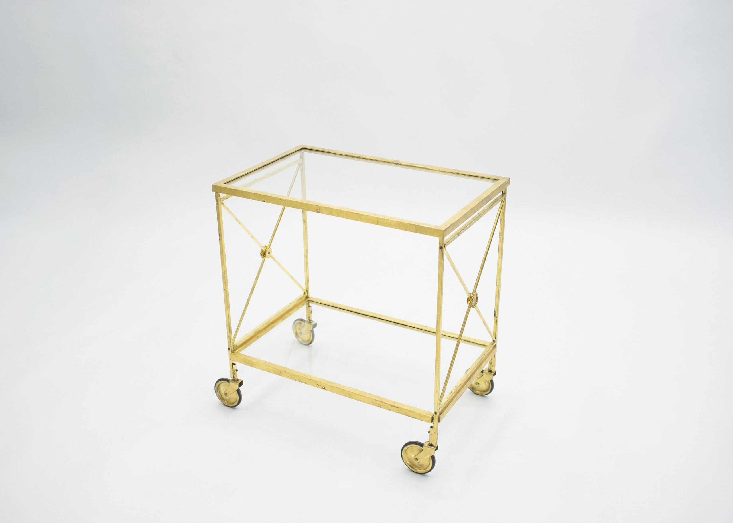 Chariot de Bar Néoclassique Français Maison Jansen en Fer Doré – Années 1960