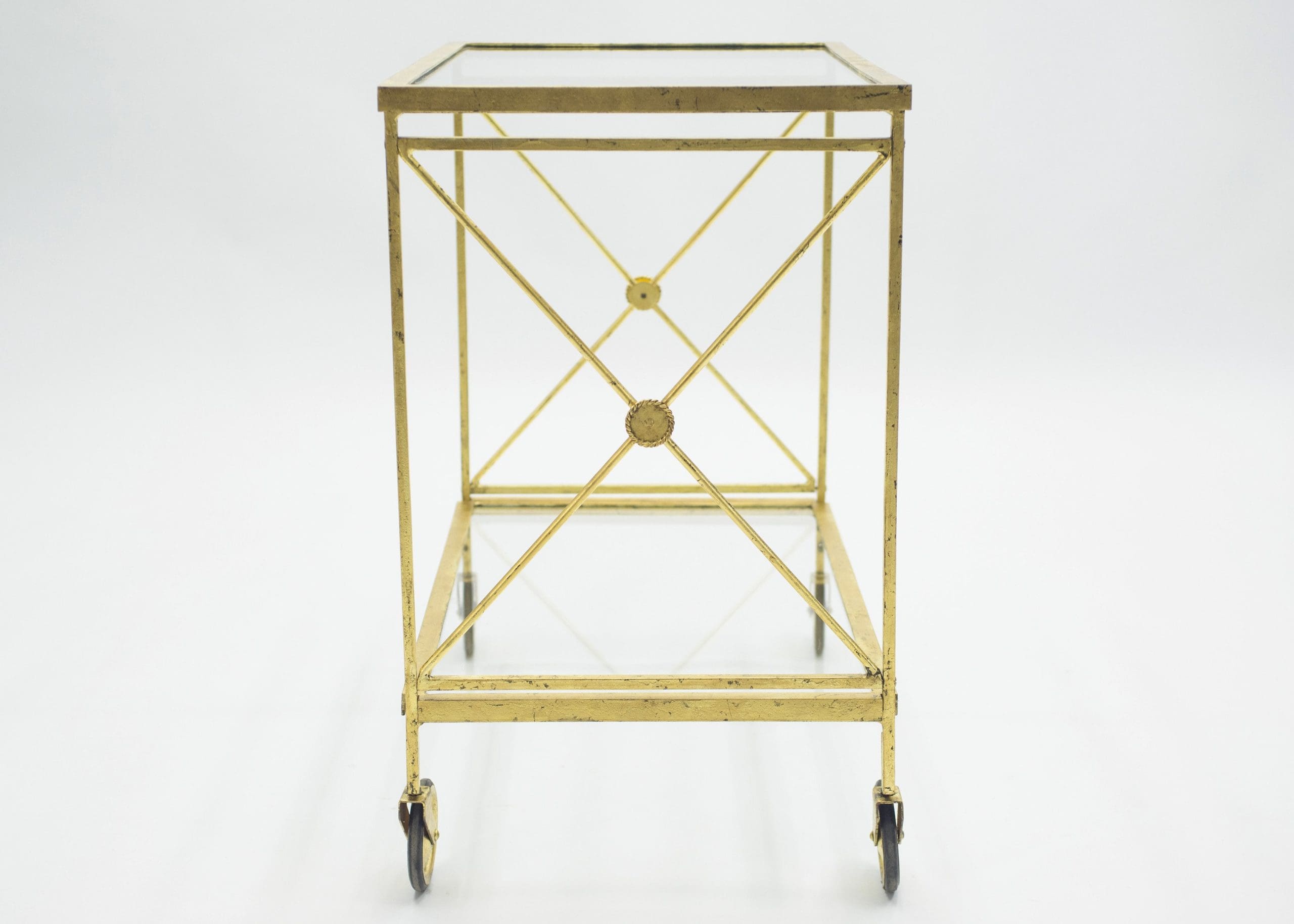 Chariot de Bar Néoclassique Français Maison Jansen en Fer Doré – Années 1960