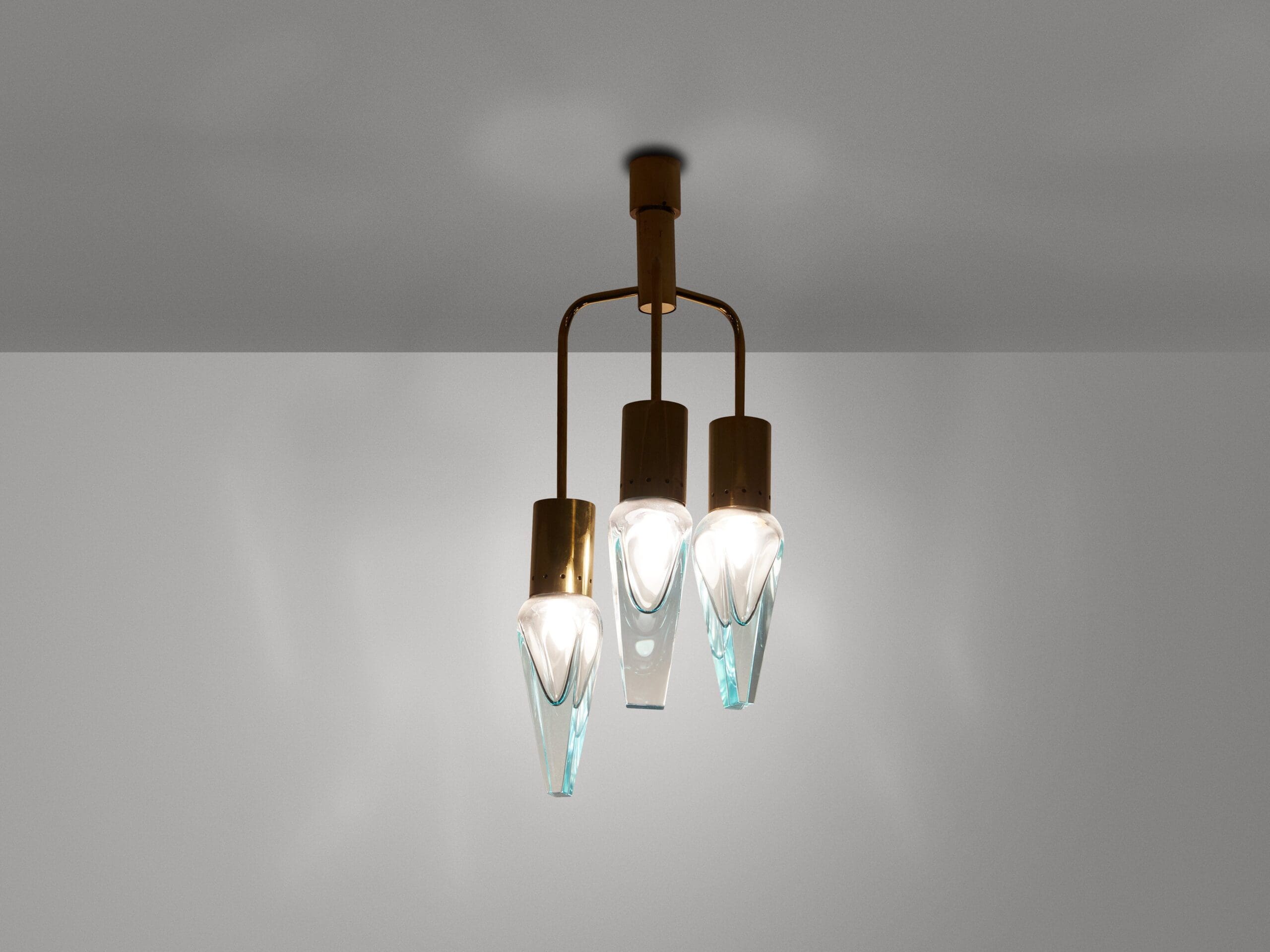 Suspension en Verre Murano et Laiton par Flavio Poli pour Seguso, Années 1950