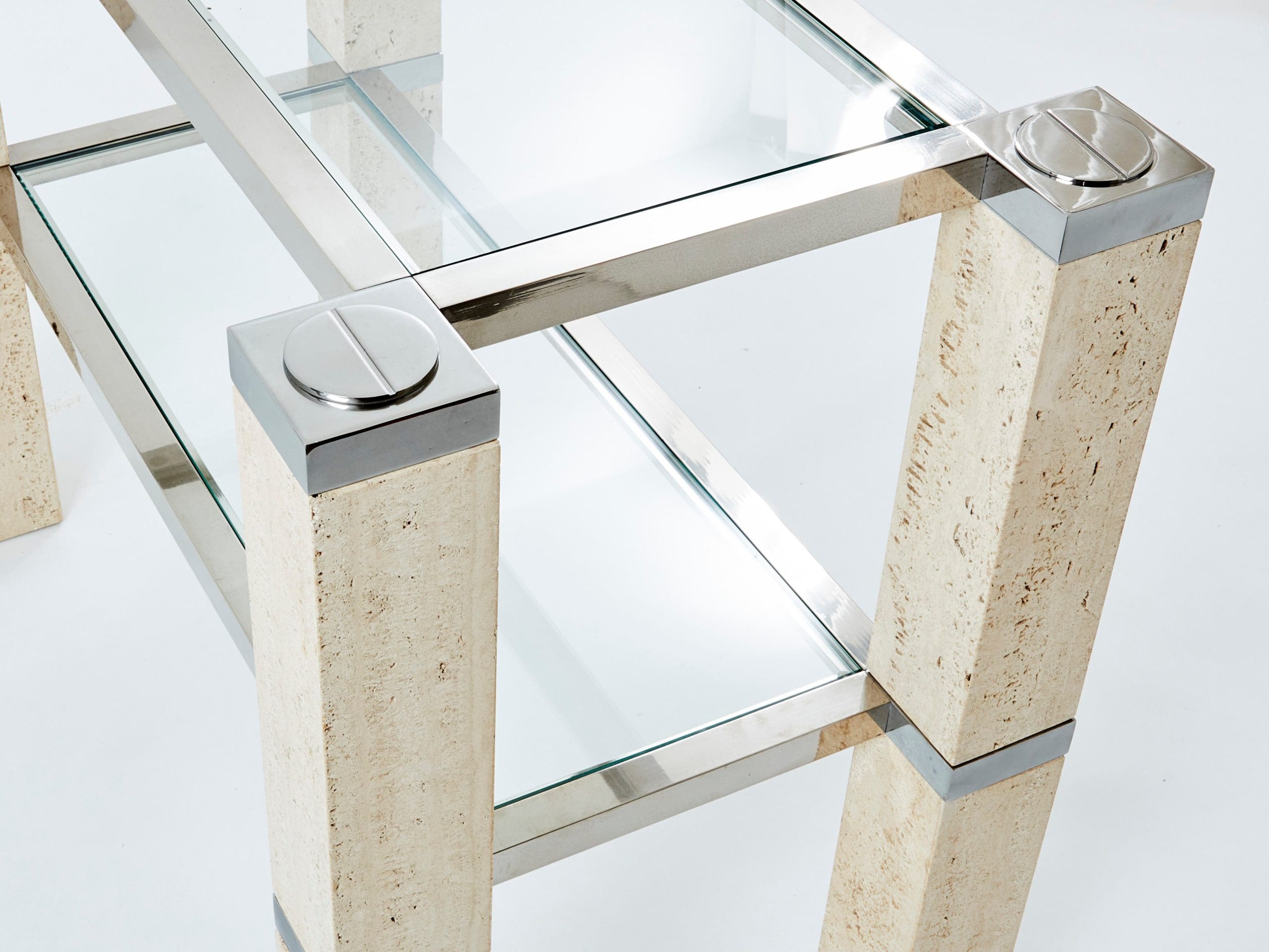Console Tables François Catroux en Chrome et Travertin, 1973