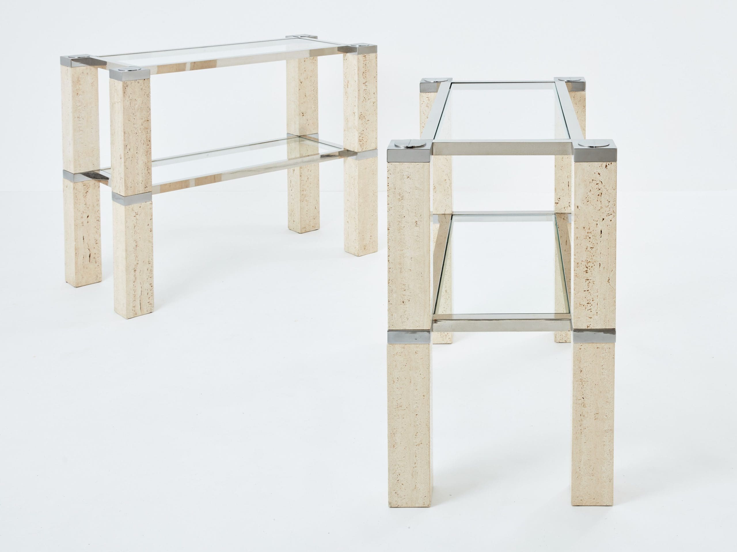 Console Tables François Catroux en Chrome et Travertin, 1973