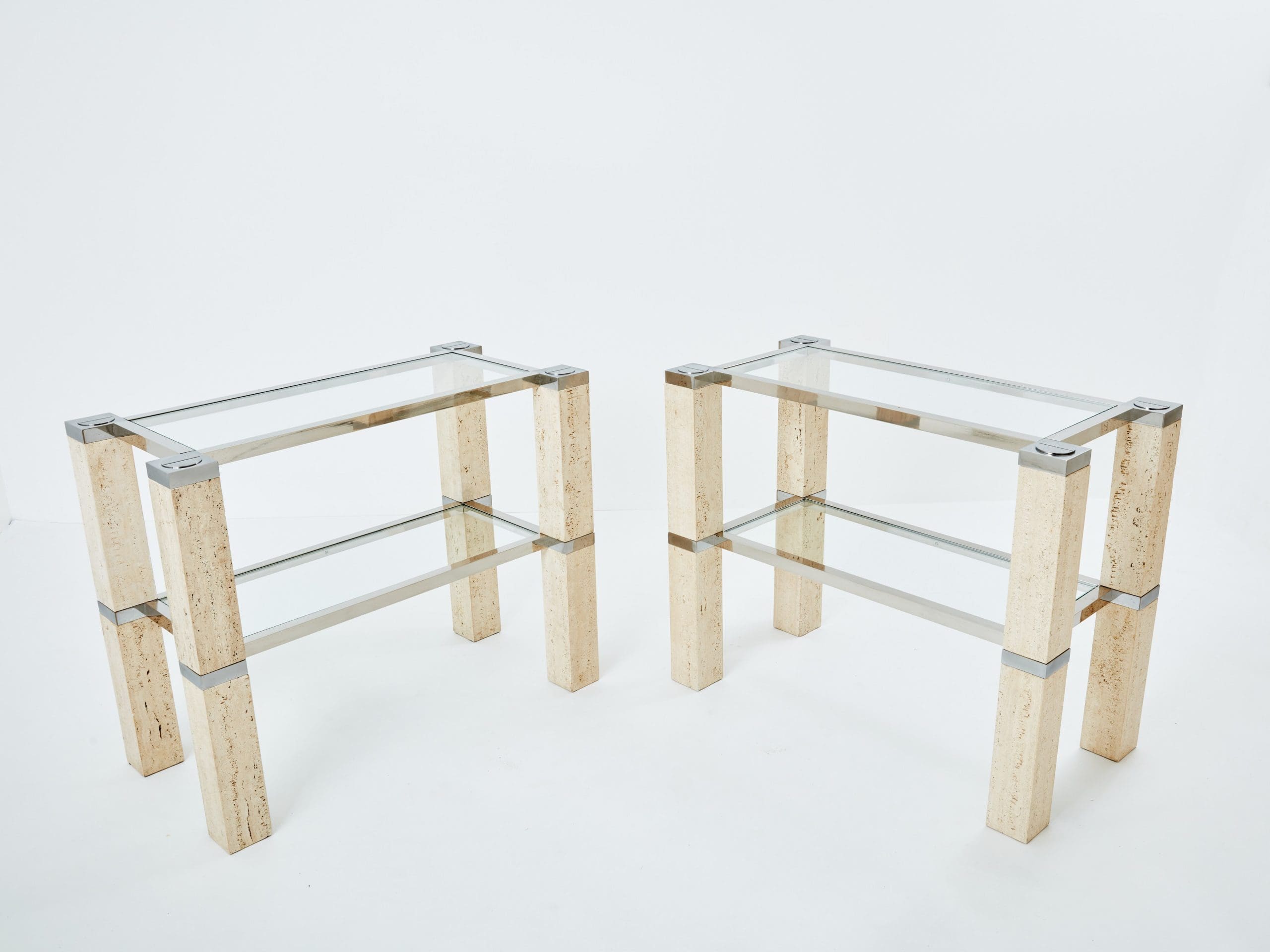 Console Tables François Catroux en Chrome et Travertin, 1973