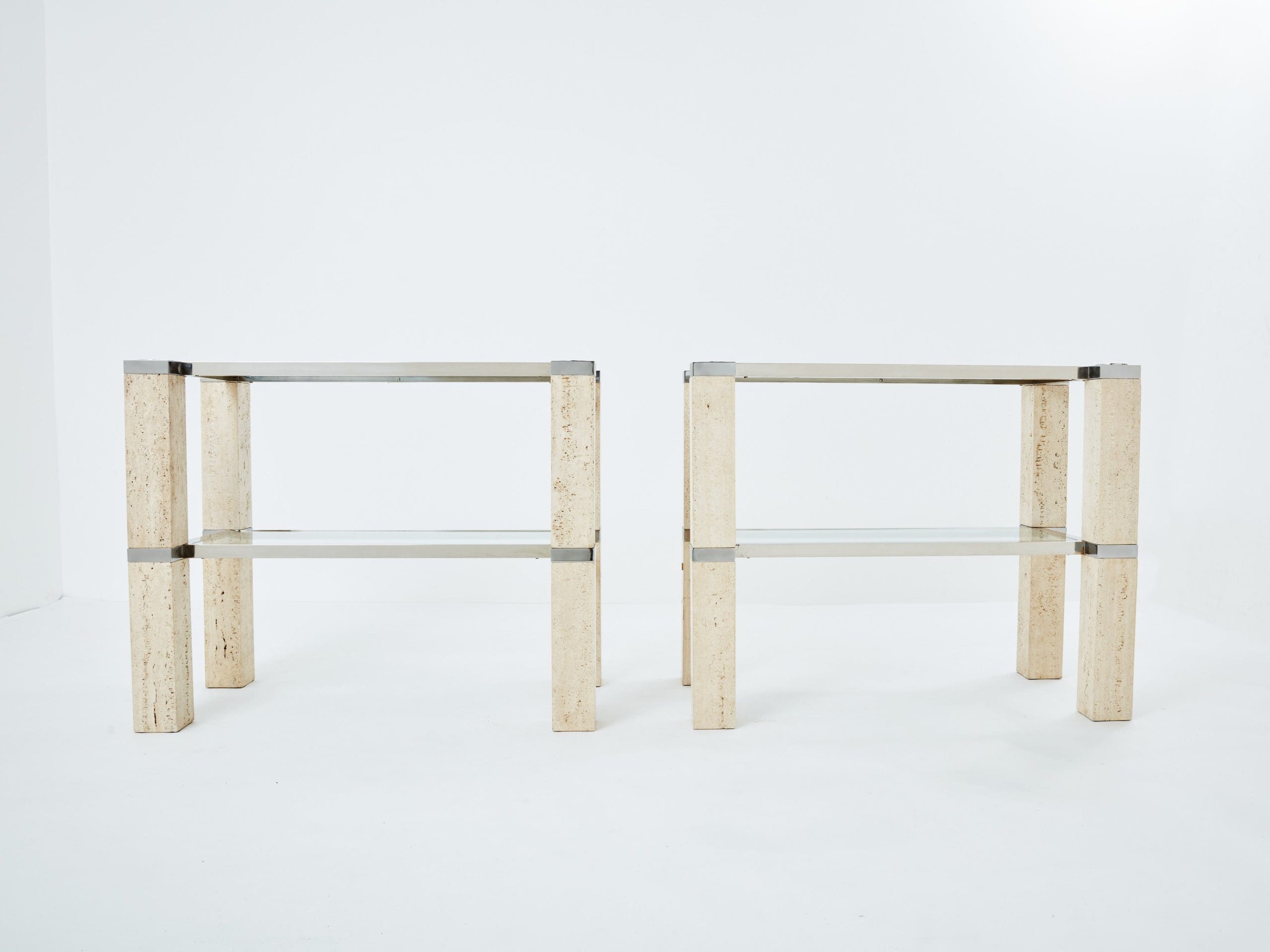 Console Tables François Catroux en Chrome et Travertin, 1973