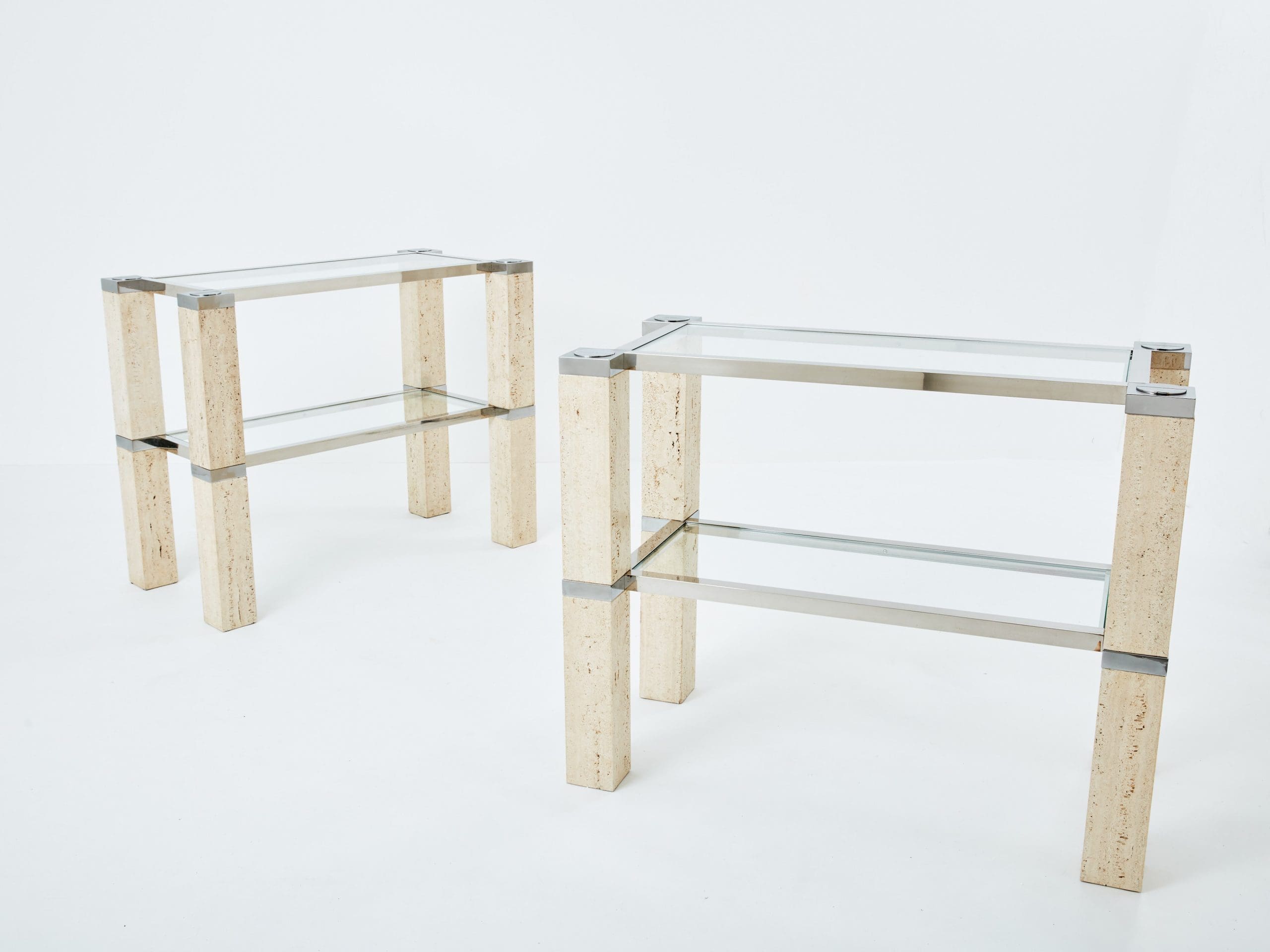 Console Tables François Catroux en Chrome et Travertin, 1973
