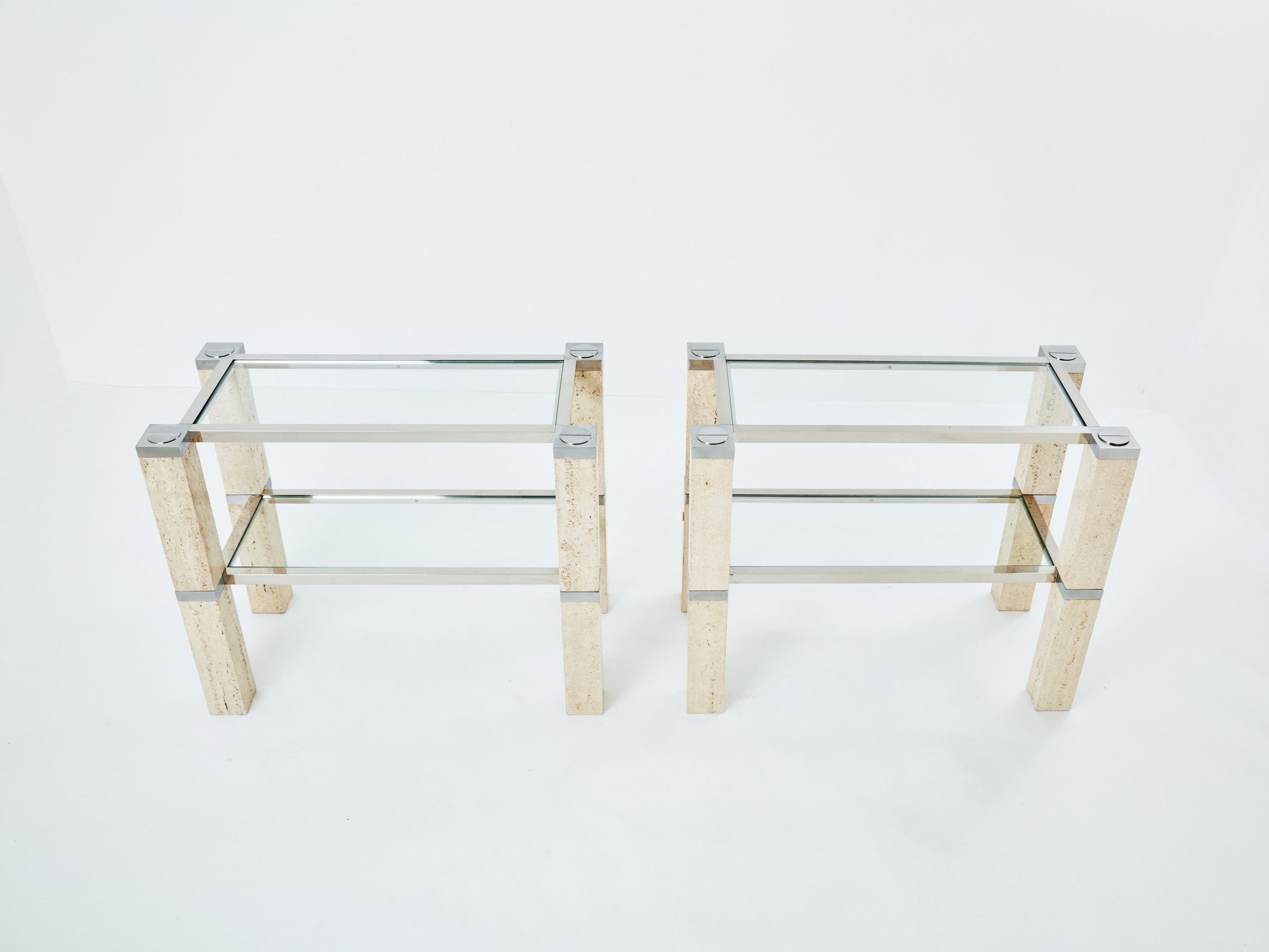 Console Tables François Catroux en Chrome et Travertin, 1973