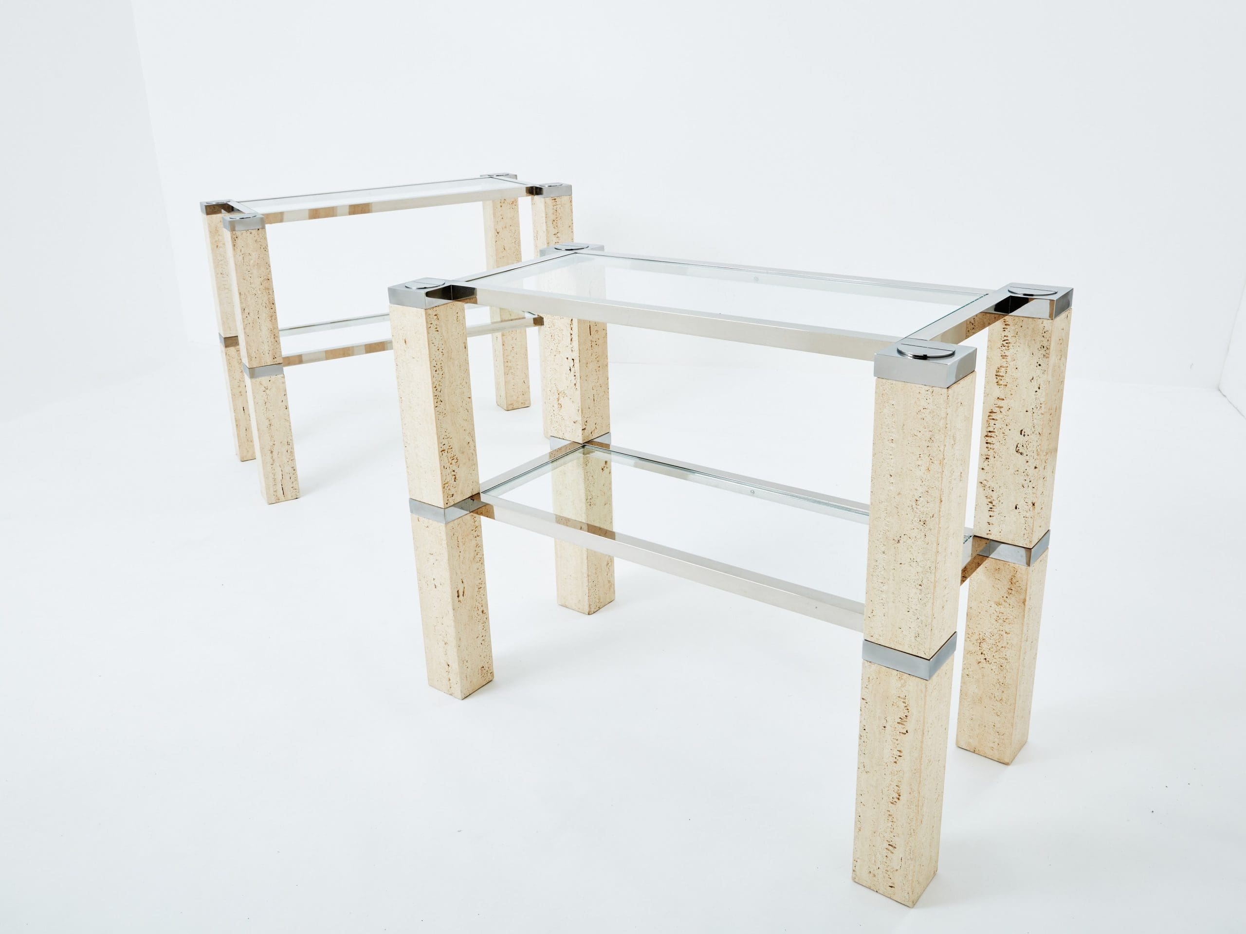 Console Tables François Catroux en Chrome et Travertin, 1973