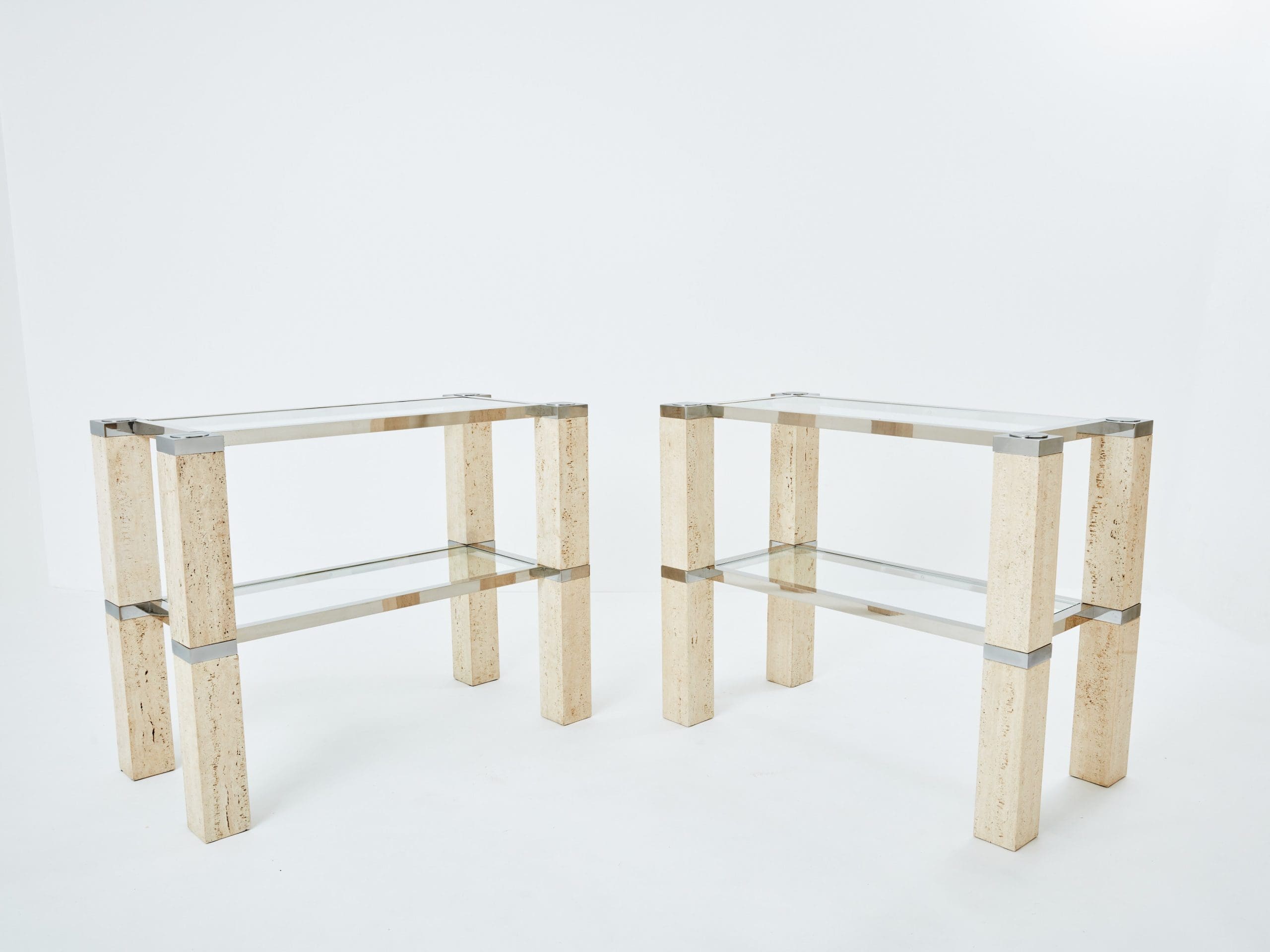 Console Tables François Catroux en Chrome et Travertin, 1973