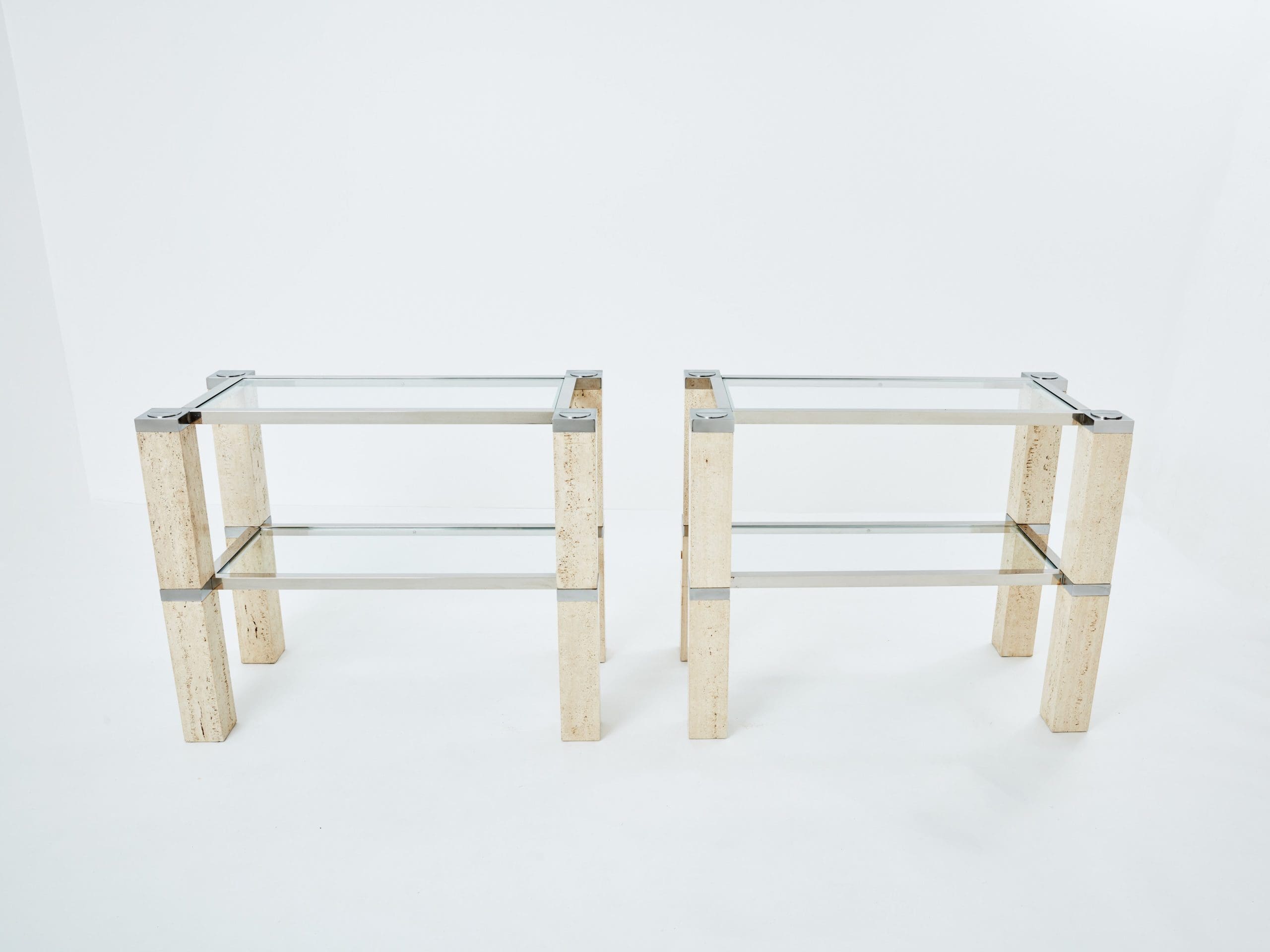 Console Tables François Catroux en Chrome et Travertin, 1973
