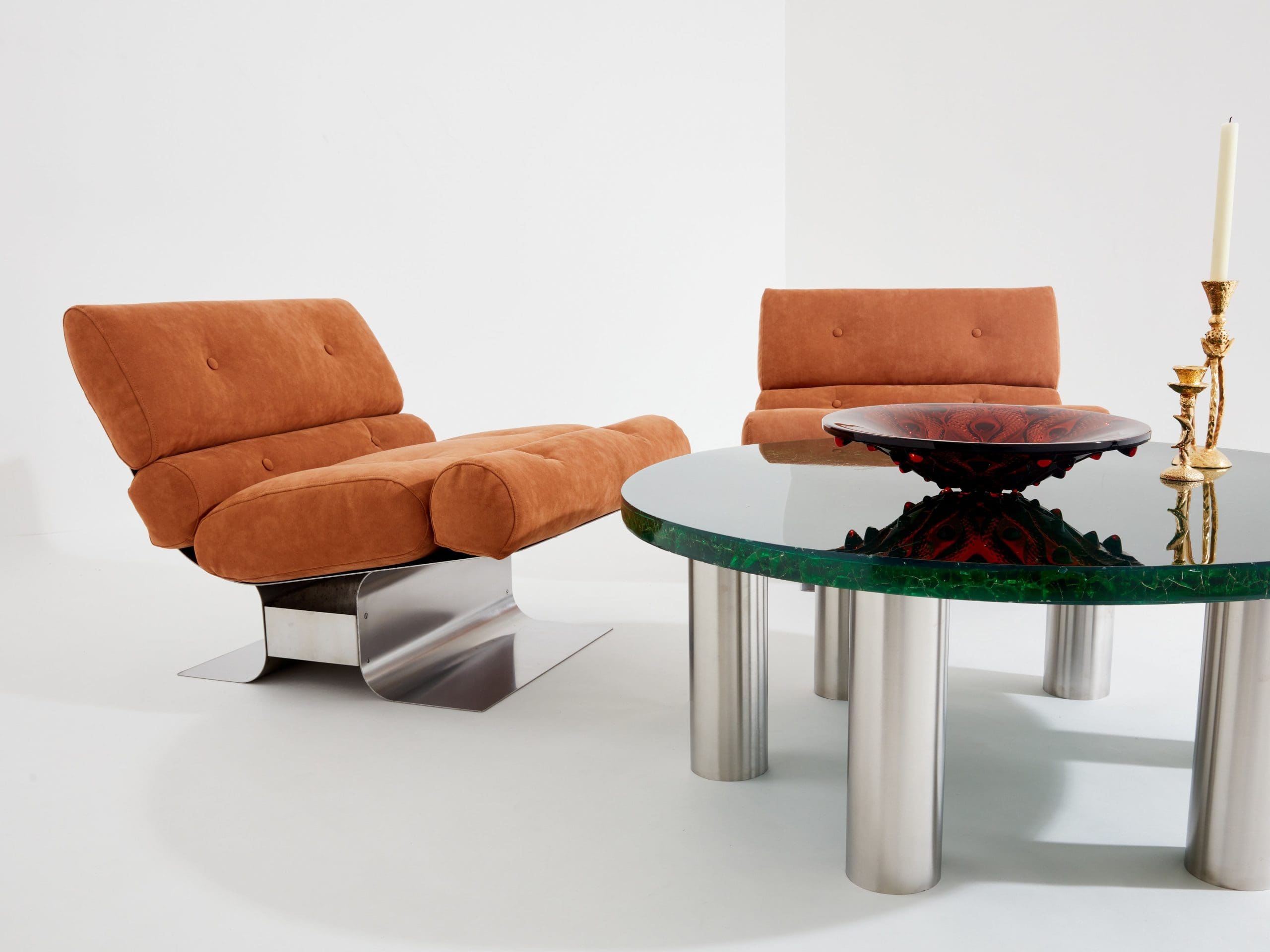 François Monnet pour Kappa Fauteuils en acier inoxydable et en daim 1970