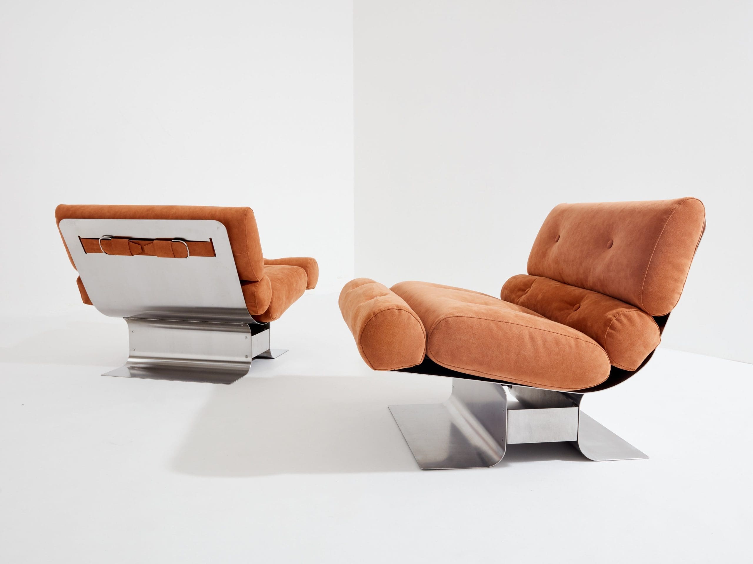 François Monnet pour Kappa Fauteuils en acier inoxydable et en daim 1970