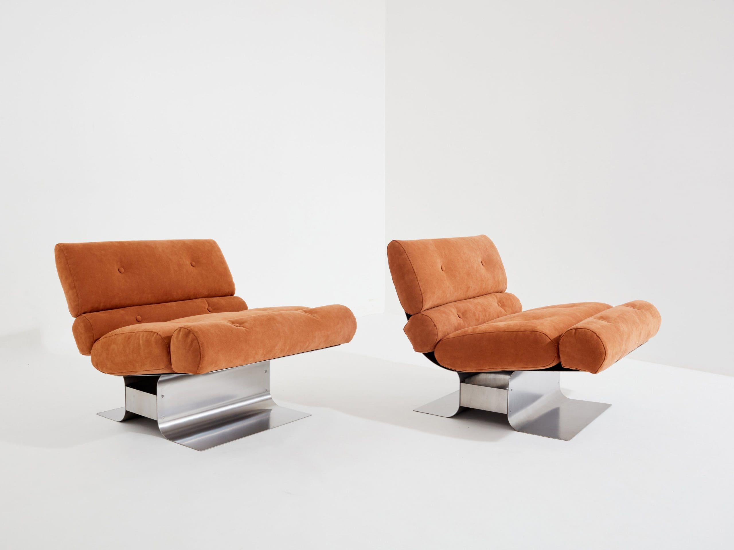 François Monnet pour Kappa Fauteuils en acier inoxydable et en daim 1970