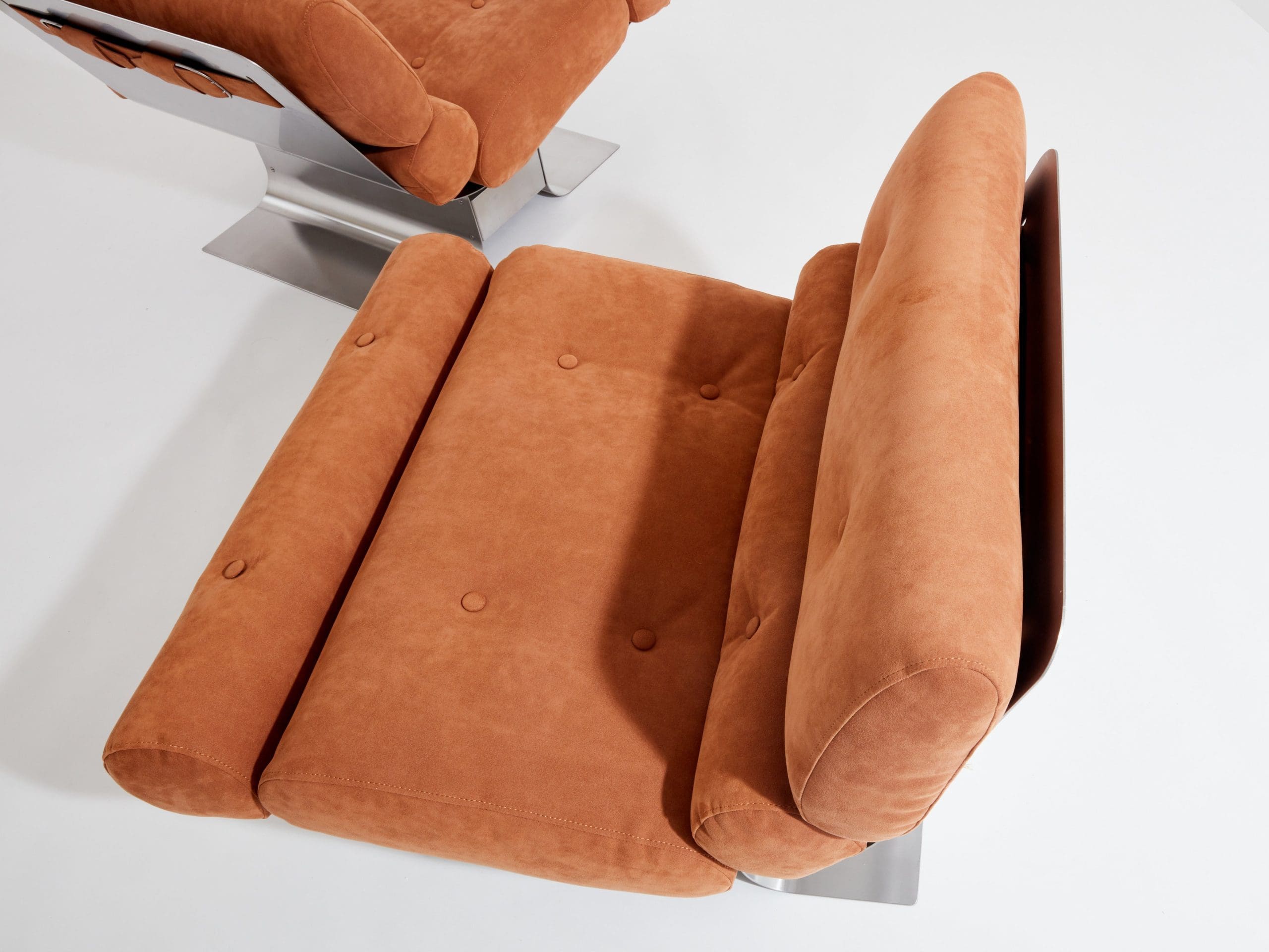 François Monnet pour Kappa Fauteuils en acier inoxydable et en daim 1970