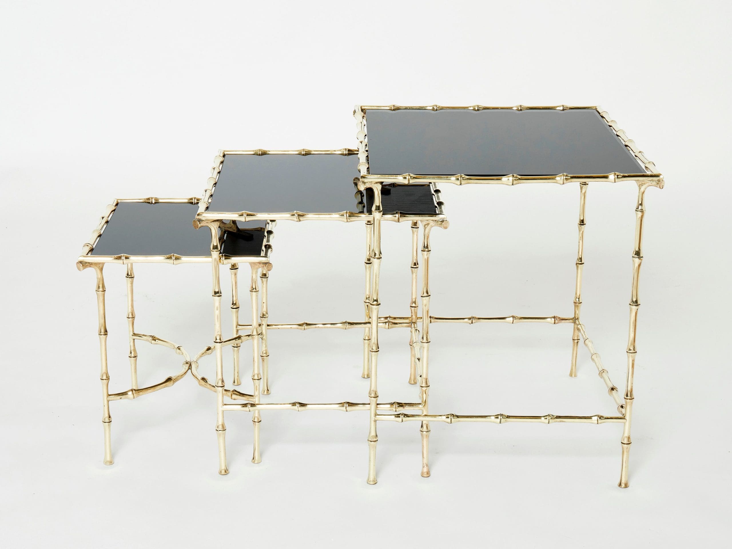 Ensemble de Tables Gigognes en Laiton Bambou et Verre Noir par Maison Baguès, Années 1960
