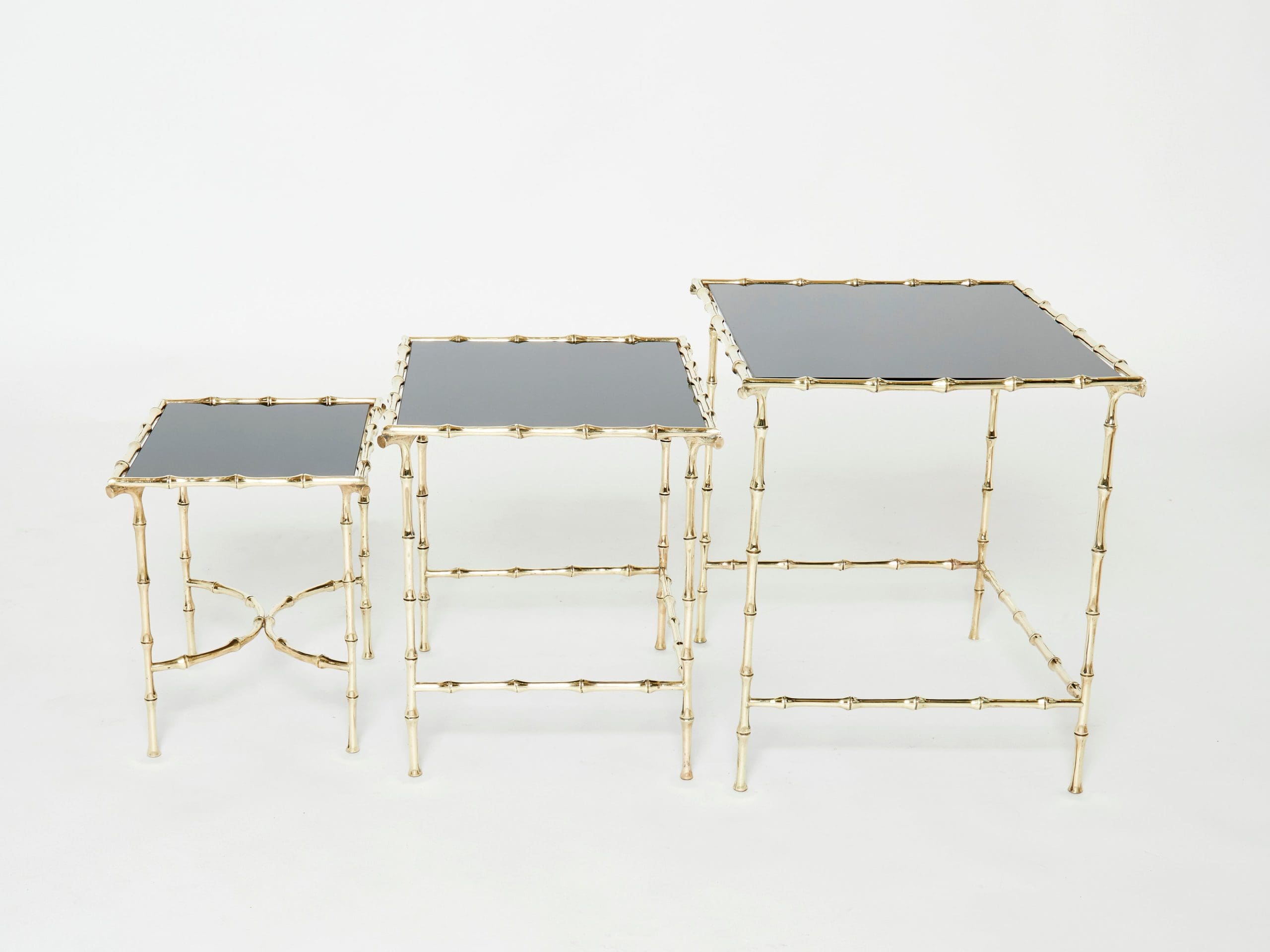 Ensemble de Tables Gigognes en Laiton Bambou et Verre Noir par Maison Baguès, Années 1960
