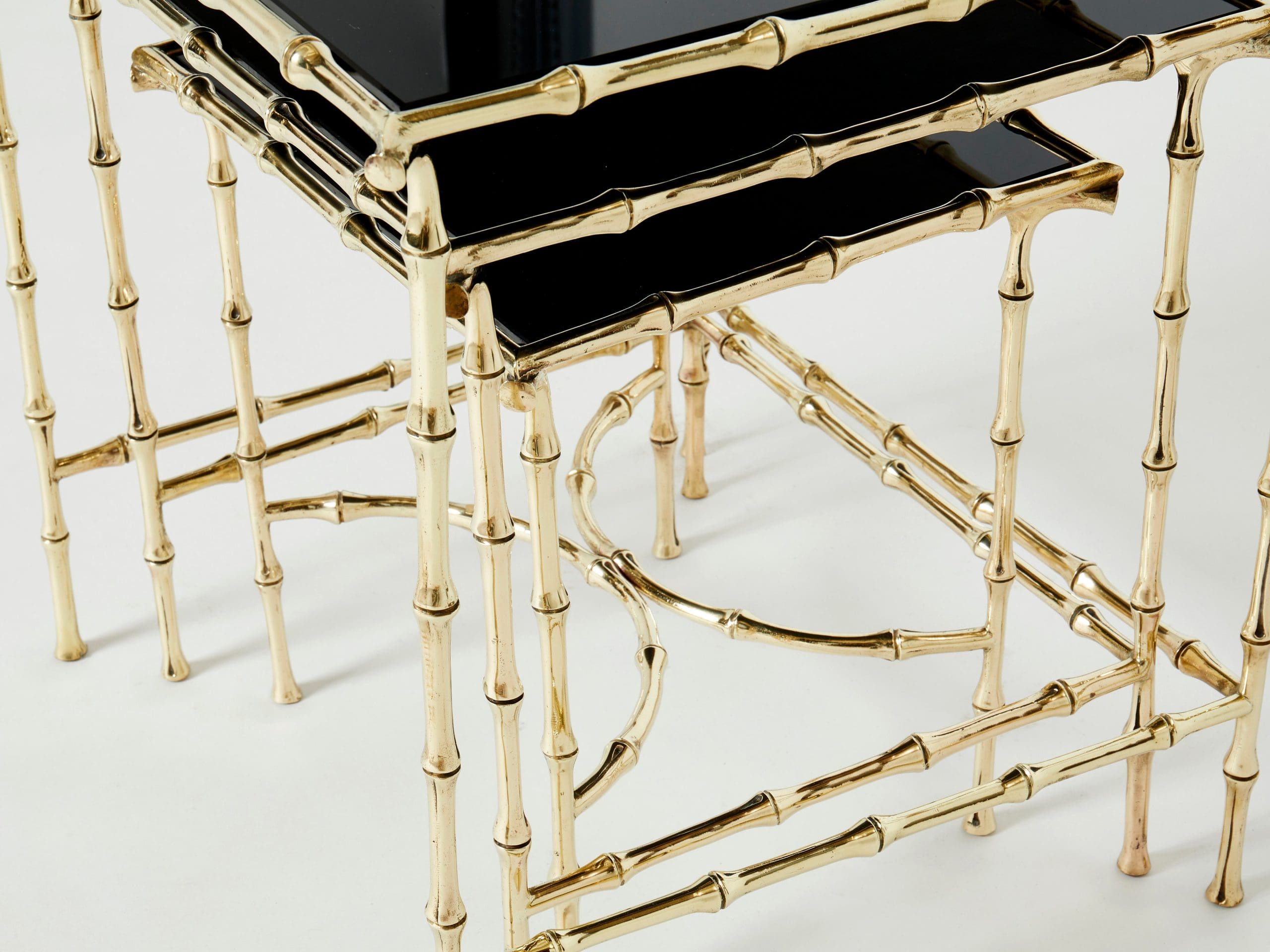 Ensemble de Tables Gigognes en Laiton Bambou et Verre Noir par Maison Baguès, Années 1960