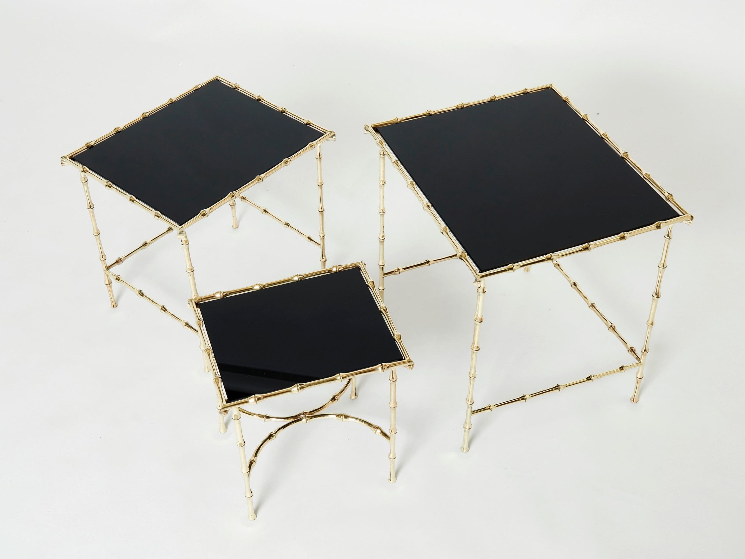 Ensemble de Tables Gigognes en Laiton Bambou et Verre Noir par Maison Baguès, Années 1960