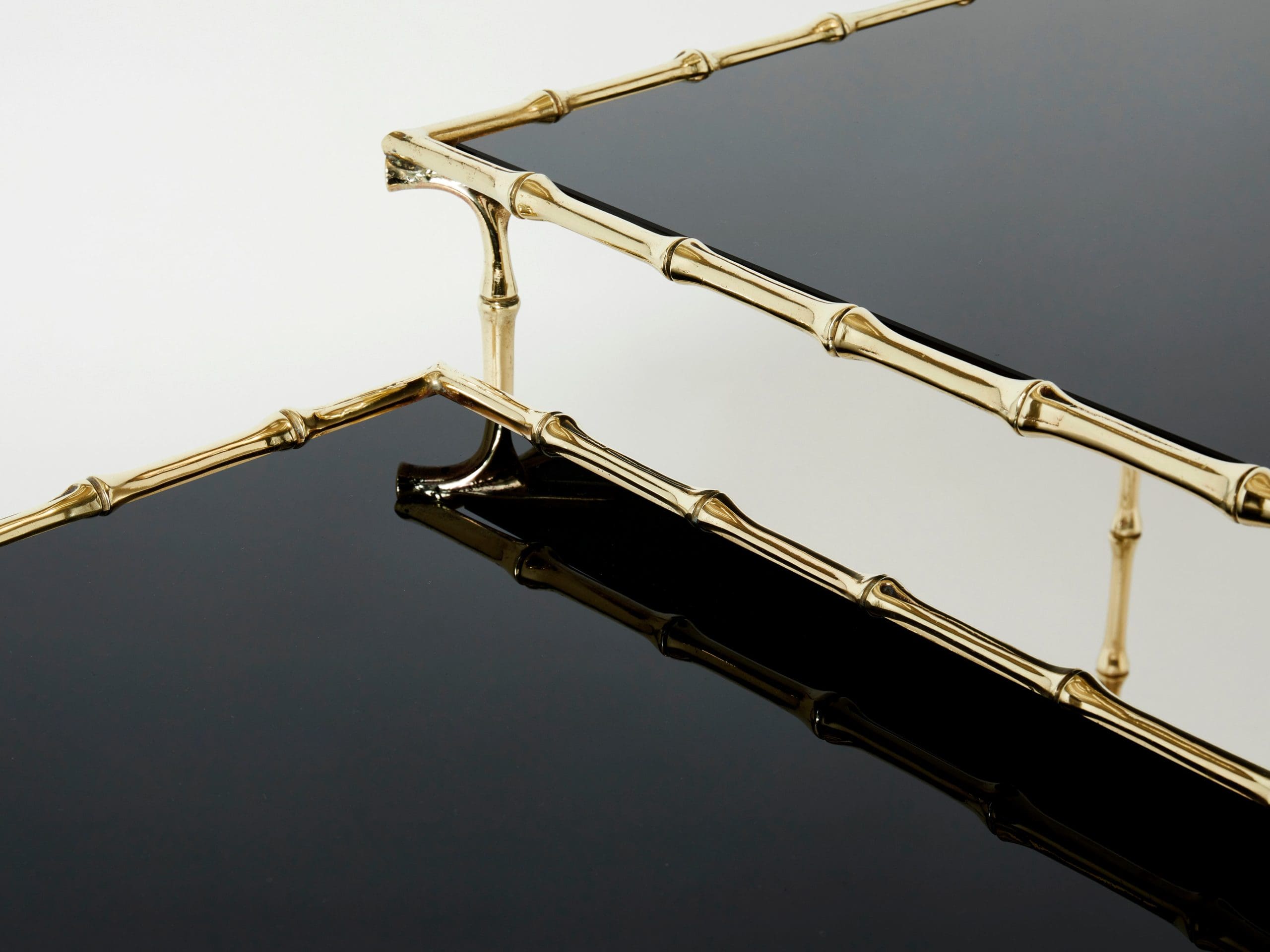 Ensemble de Tables Gigognes en Laiton Bambou et Verre Noir par Maison Baguès, Années 1960