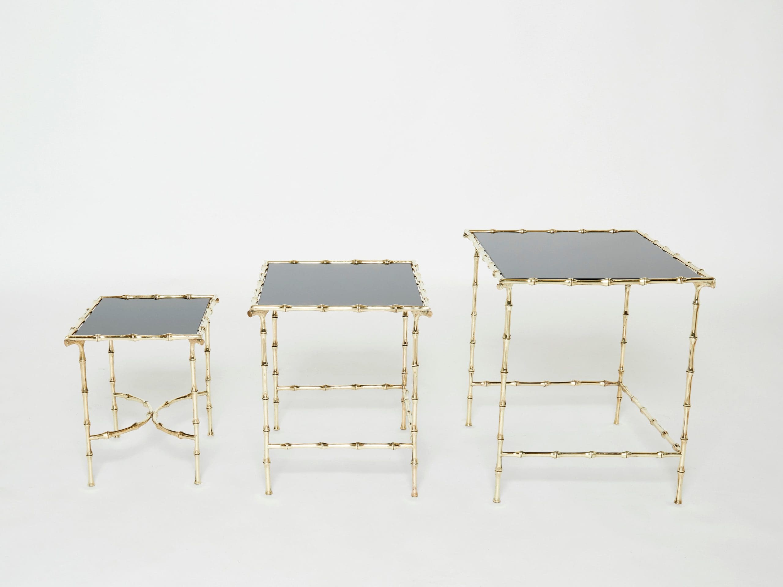 Ensemble de Tables Gigognes en Laiton Bambou et Verre Noir par Maison Baguès, Années 1960