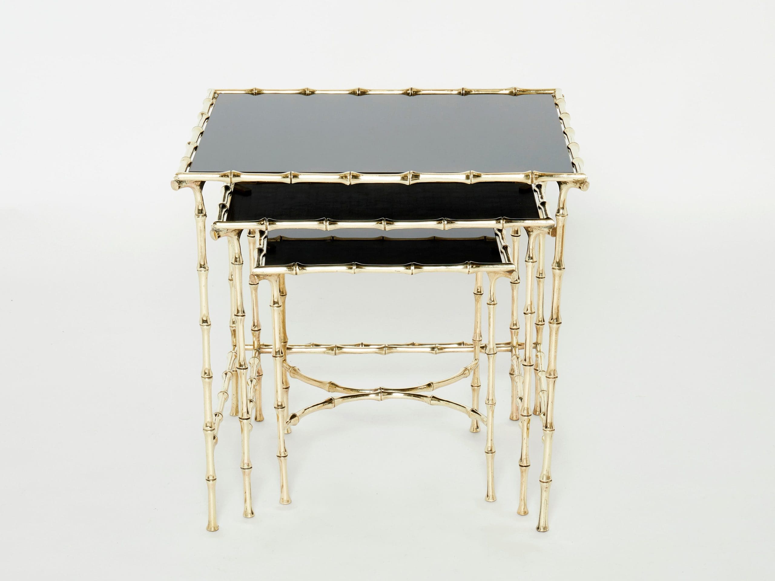 Ensemble de Tables Gigognes en Laiton Bambou et Verre Noir par Maison Baguès, Années 1960