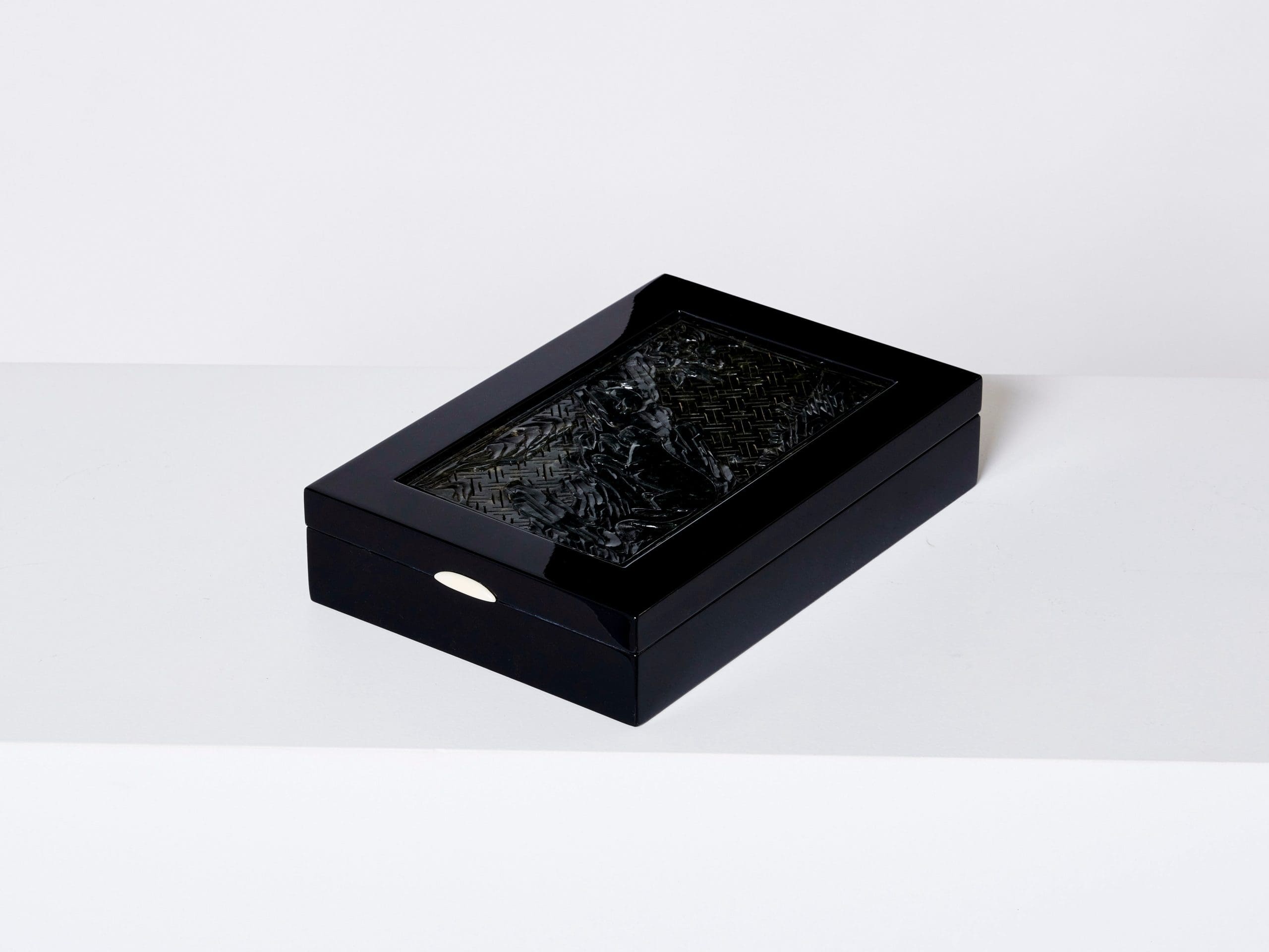 french art deco box black lacquer carved jade stone 1930
