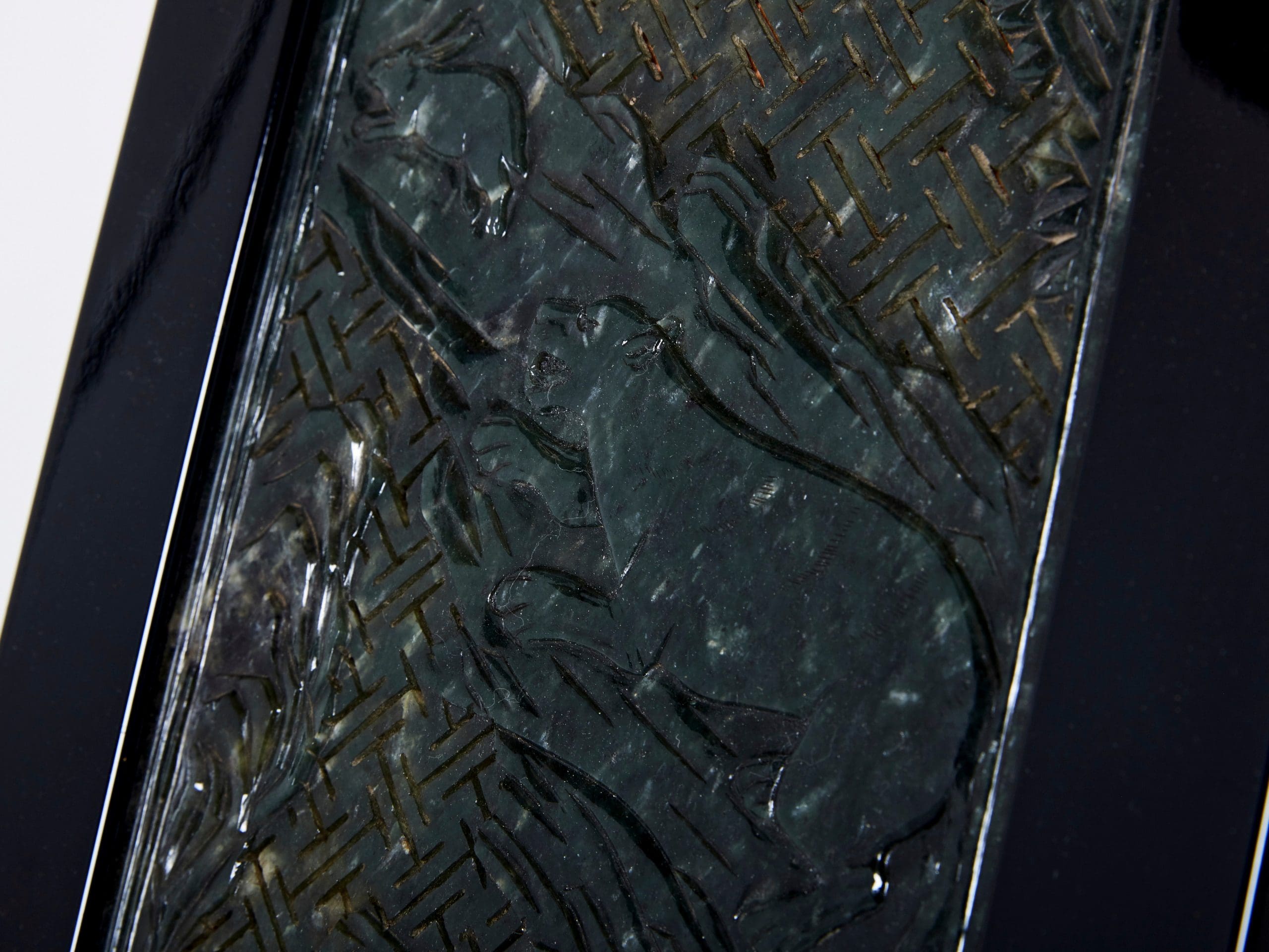french art deco box black lacquer carved jade stone 1930