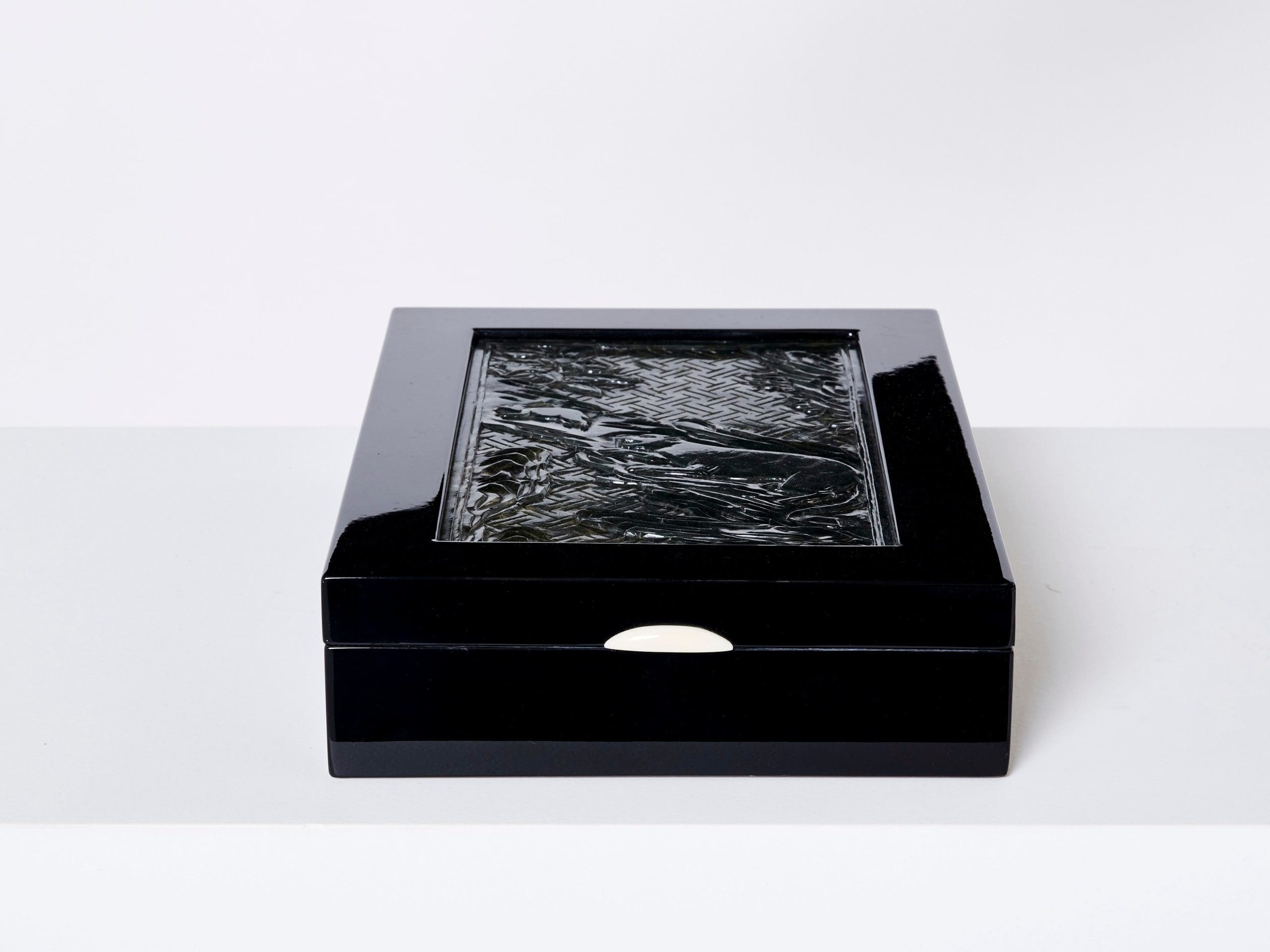 french art deco box black lacquer carved jade stone 1930