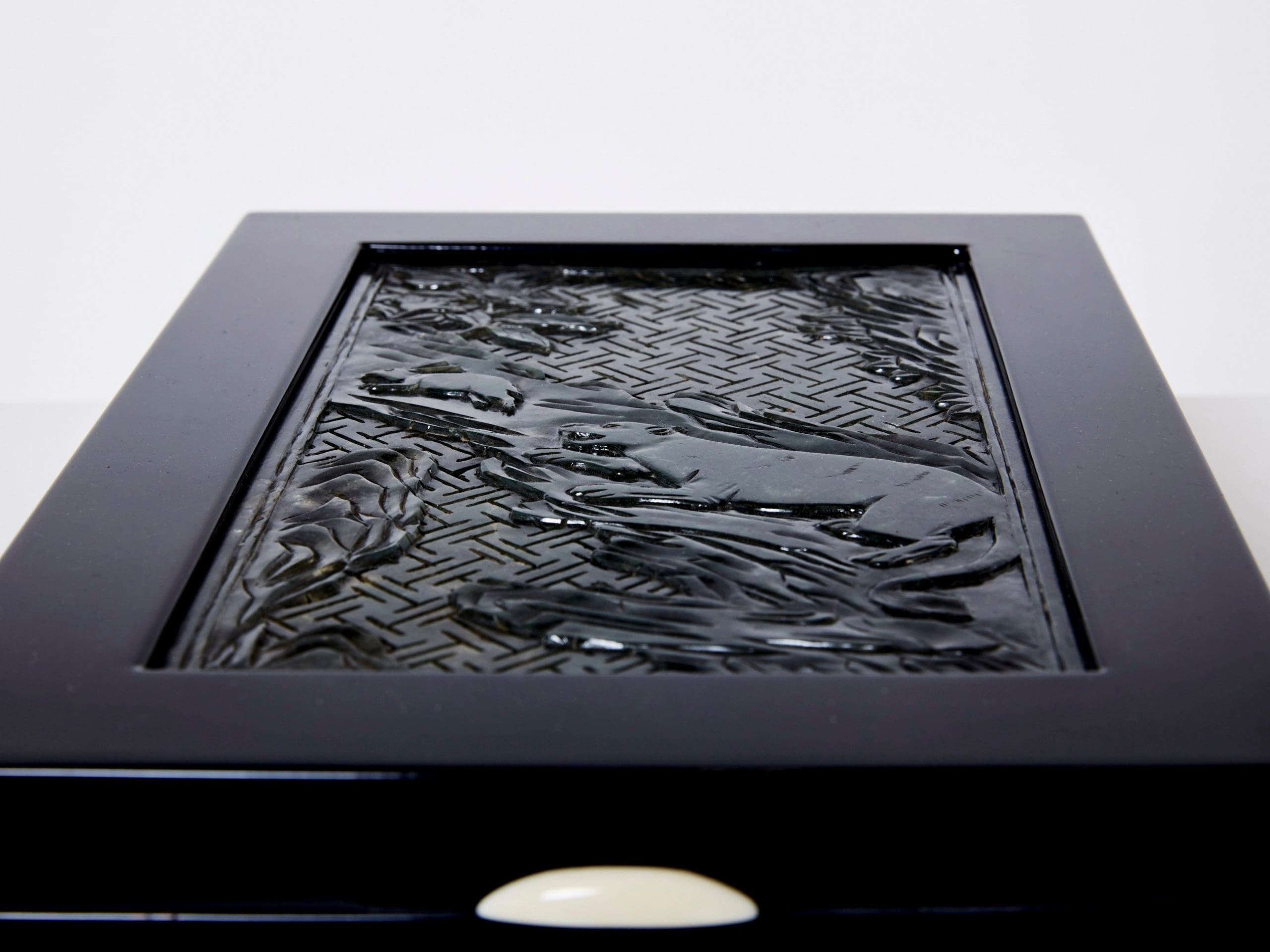 french art deco box black lacquer carved jade stone 1930