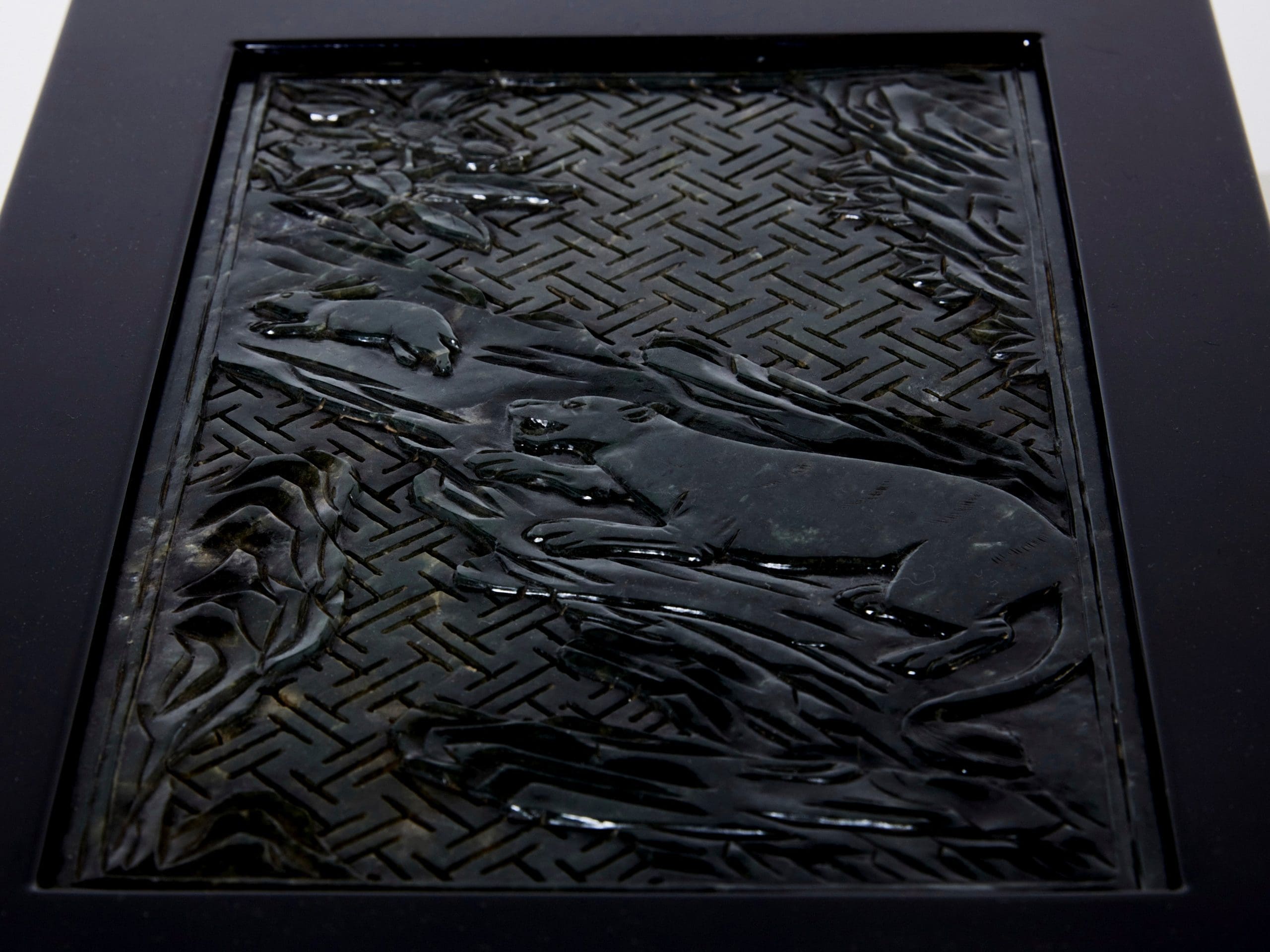 french art deco box black lacquer carved jade stone 1930