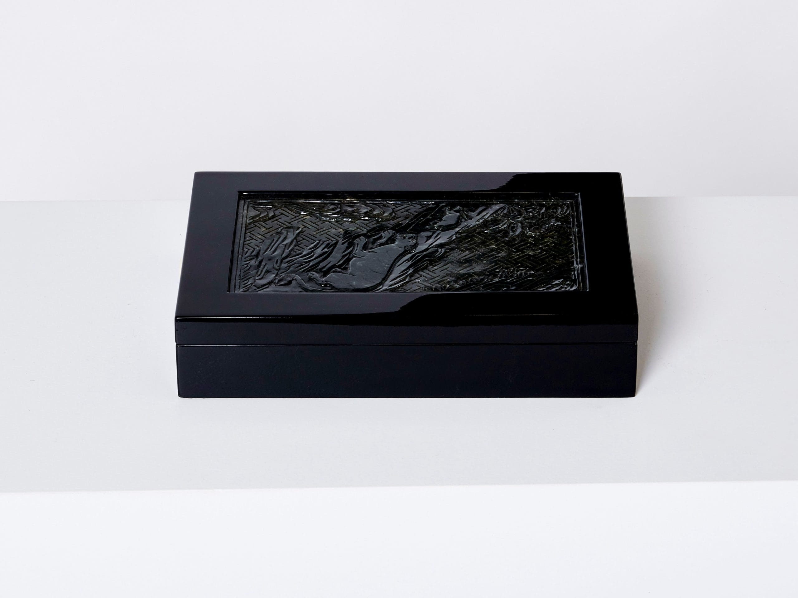 french art deco box black lacquer carved jade stone 1930