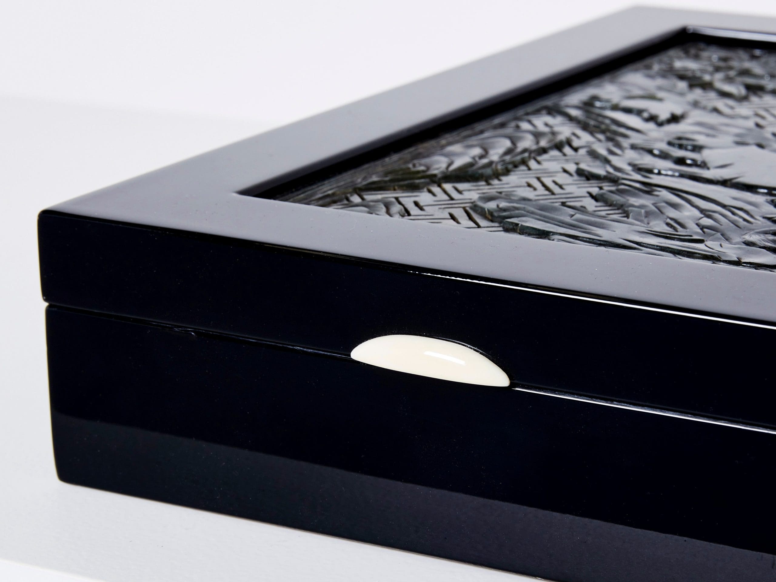 french art deco box black lacquer carved jade stone 1930