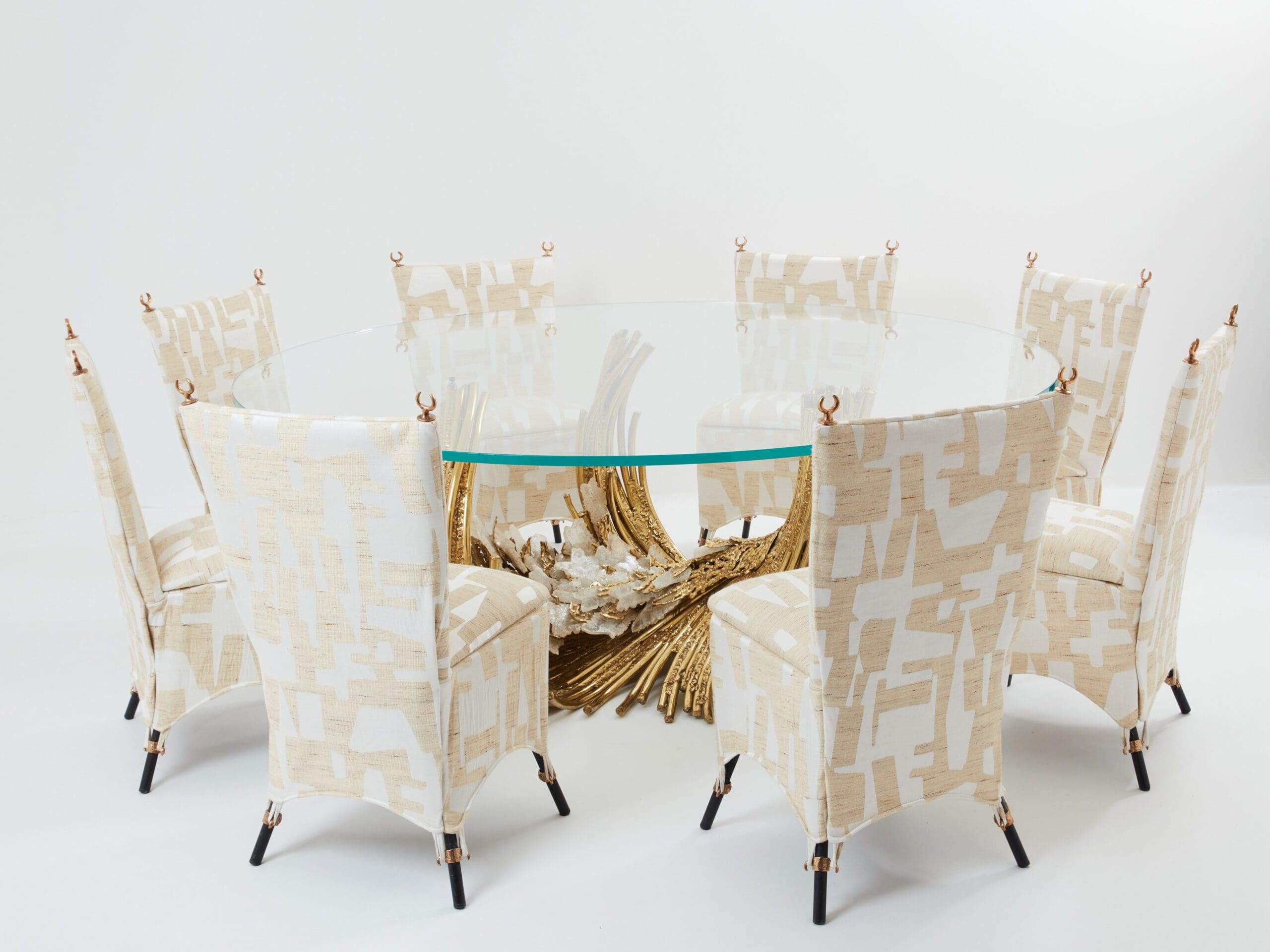Table à Manger en Laiton et Cristal de Roche Signée Isabelle Faure, Années 1970